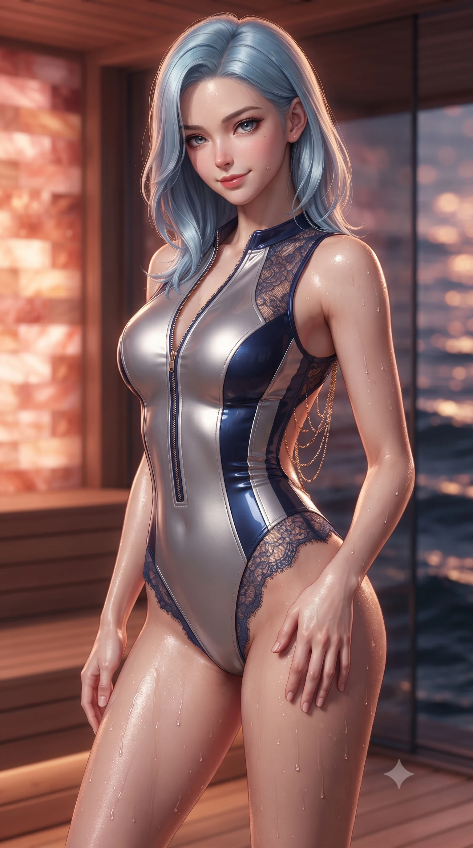 score_9, masterpiece, best quality, ultra-detailed, high-budget anime keyframe, editorial fashion photography, tasteful artistic composition, Korean woman. close-up cowboy shot from the waist and thighs up, the character dominates the composition, filling the frame with her large presence. tilting her head with a teasing half-smile, running one hand slowly down the side of her hip in a flirtatious S-curve as ambient light caresses her silhouette while stepping out onto the private spa deck with dewy perspiration glowing on her limbs, casting an alluring, parted-lip bedroom-smile. The background shows a soft-focus glowing pink Himalayan salt brick walls, fragrant cedar wood planks, and dark ocean waves outside glass blurred into rose-gold, amber, and indigo bokeh. She has an exceptionally elegant, slender, and willowy female figure with an ultra-slim waist, flat toned midriff, narrow ribcage, and sculpted feminine hips creating an alluring, slim hourglass silhouette without bulk. sharp v-shaped jawline, high-bridge nose, sparkling eyes with hypnotic seductive depth, thick curled eyelashes, glossy parted lips with a natural dewy peach sheen, alluring bedroom-eyes with an enchanting coquettish smile, exuding magnetic siren charisma and sophisticated glamour, flawlessly proportioned anatomical accuracy, strict slender model proportions, natural body alignment, perfectly sculpted long slender limbs, ultra-slim waistline, clean dynamic posture without body distortion. wearing a form-contouring wet-look neoprene zip-front maillot with high-cut leg openings and racing side stripes in molten liquid silver and deep sapphire navy, made of delicate semi-sheer French Chantilly lace with intricate eyelash edges, accented with an open-back drape framed by falling strands of delicate gold chains, the precision-cut side openings and low-back scoop framing her graceful spine and the sensual sweep of her slim, toned hips. illuminated by cedar wood bounce and sharp rose-gold rim lights defining her delicate clavicles, ultra-slim waist, and curvy hips. ultra-reflective glossy finish, specular highlights, rich textural contrasts, high-contrast stereoscopic depth, volumetric dynamic lighting, 2k, ultra detail, master piece, 9:16 ratio