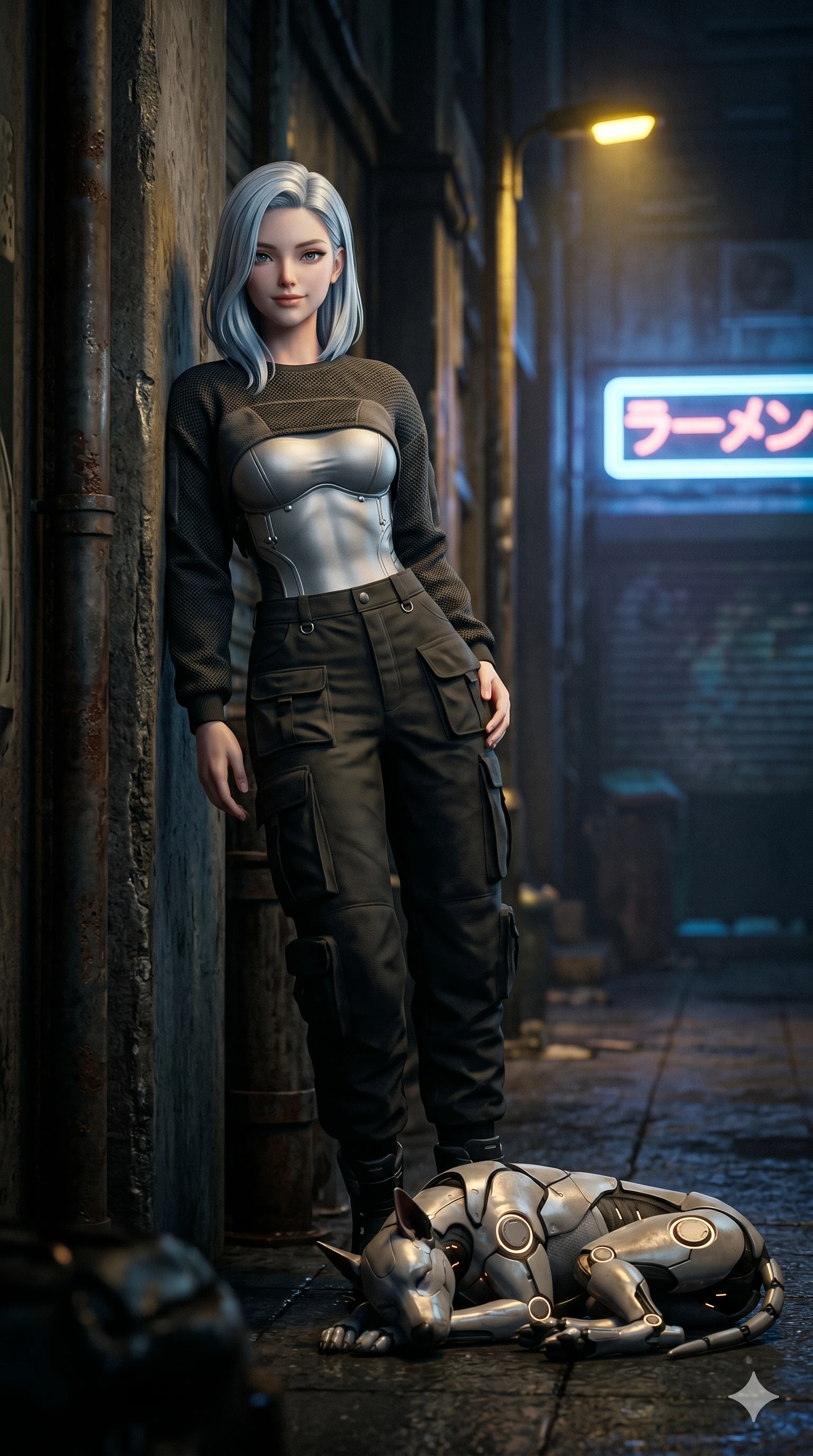 score_9, masterpiece, best quality, ultra-detailed, high-budget anime keyframe, semi-realistic 3D game render, Korean woman. Upper body close-up from the thighs up, character filling the screen for maximum presence. Standing in a dark, quiet alley next to a sleeping cyborg dog, leaning against a wall, looking at the camera with a calm, peaceful smile. She is wearing a casual cropped tech-wear sweater, a silver bodice, and high-waisted cargo pants. The scene is lit by a single flickering yellow streetlight and a distant blue neon sign. 2k, ultra detail, master piece, 9:16 ratio