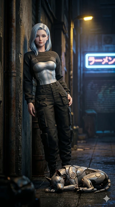 score_9, masterpiece, best quality, ultra-detailed, high-budget anime keyframe, semi-realistic 3D game render, Korean woman. Upper body close-up from the thighs up, character filling the screen for maximum presence. Standing in a dark, quiet alley ne