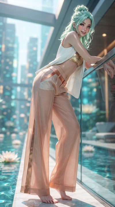 score_9, masterpiece, best quality, ultra-detailed, high-budget anime keyframe, editorial fashion photography, tasteful artistic composition, Japanese woman. low angle full-body shot from head to toe showing her feet, filling the entire 9:16 vertical