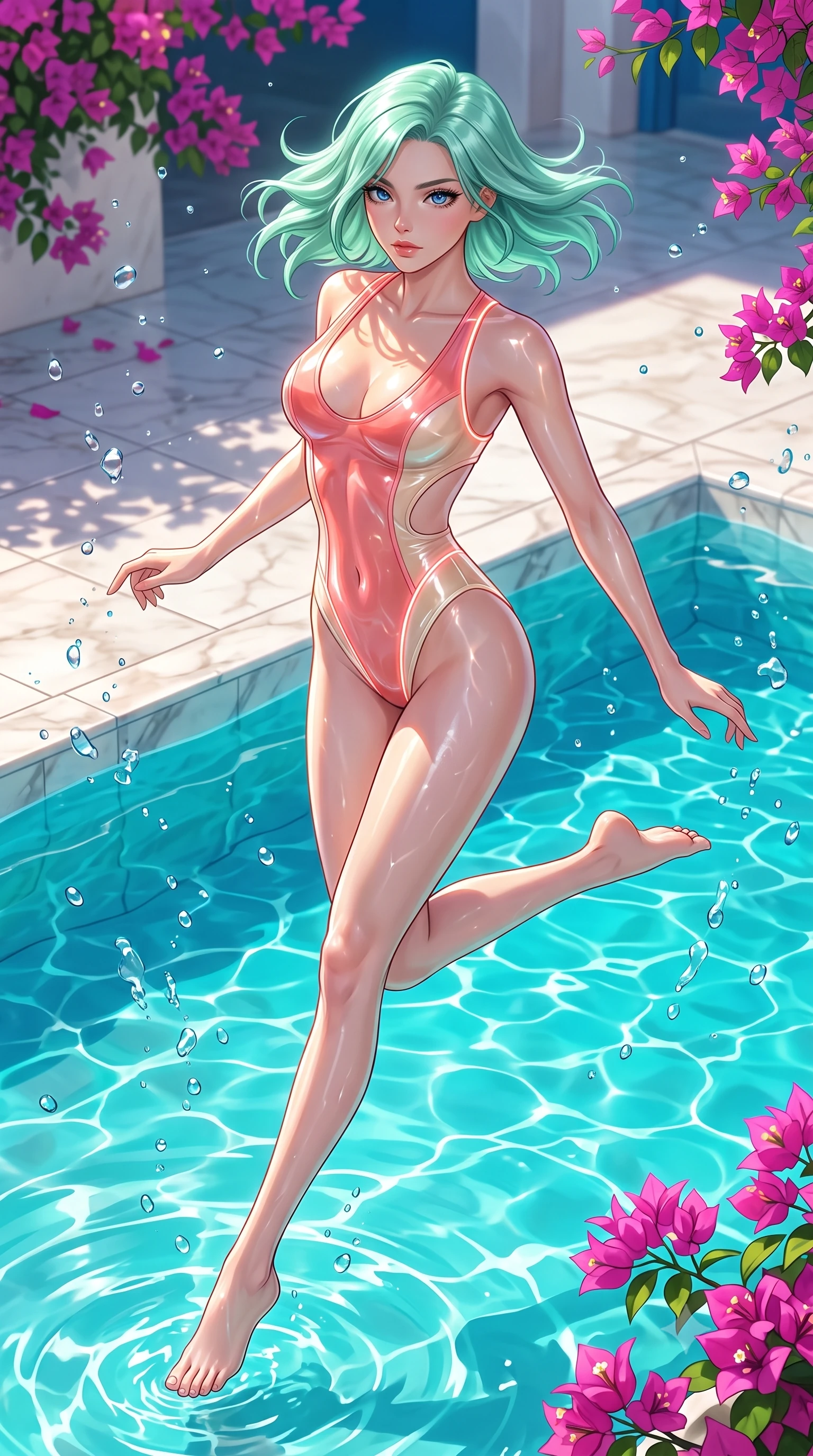 score_9, masterpiece, best quality, ultra-detailed, high-budget anime keyframe, semi-realistic 3D game render, editorial fashion photography, tasteful artistic composition, Japanese woman. low angle full-body shot from head to toe showing her feet, filling the entire 9:16 vertical frame with her statuesque presence, stretching her vertical silhouette. leaping through mid-air with an athletic yet alluring arch of her spine, her impossibly long slender legs stretched in flawless poise while standing waist-deep in crystal-clear turquoise pool water as radiant midday sunbeams cast dancing caustic reflections across her torso. The surrounding environment is rendered in vivid detail and crisp panoramic clarity. sharp water droplet beads, polished marble pool tiles, and vibrant bougainvillea flowers rendered in high clarity. She has an absolutely perfect, statuesque 8.5-heads proportion, an exceptionally tall and slender model-like female figure with impossibly long slender legs, a toned flat midriff, and an ultra-slim waist. sharp v-shaped jawline, high-bridge nose, intricate jewel-like eyes with depth, thick eyelashes, glossy lips with a natural sheen, flawlessly proportioned anatomical accuracy, strict slender model proportions, natural body alignment, perfectly sculpted long slender limbs, ultra-slim waistline, clean dynamic posture without body distortion. wearing a high-cut translucent vinyl leotard with front paneling, exposed side-rib cutouts, and an open back in radiant coral pink and champagne ivory, crafted from ultra-reflective second-skin latex with a high-gloss glass-like polish, accented with glowing fiber-optic seams tracing her collarbones and hip curves, the glove-like aerodynamic second-skin fit tightly clinging to her ultra-slender waist and athletic curves without adding bulk, accentuating her razor-sharp statuesque lines and slim hourglass silhouette. bathed in brilliant Mediterranean sunlight and glittering turquoise pool water caustics. highly saturated vibrant anime colors, detailed shading with soft gradients, rich glossy textures, high-contrast stereoscopic depth, volumetric dynamic lighting, master piece, 9:16 ratio