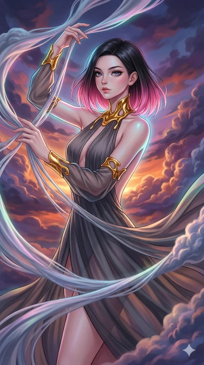 score_9, masterpiece, best quality, ultra-detailed, high-budget anime keyframe, Caucasian woman, strictly human ears. upper body close-up from the thighs up, character filling the screen for maximum presence. threading through a volumetric cloud weav