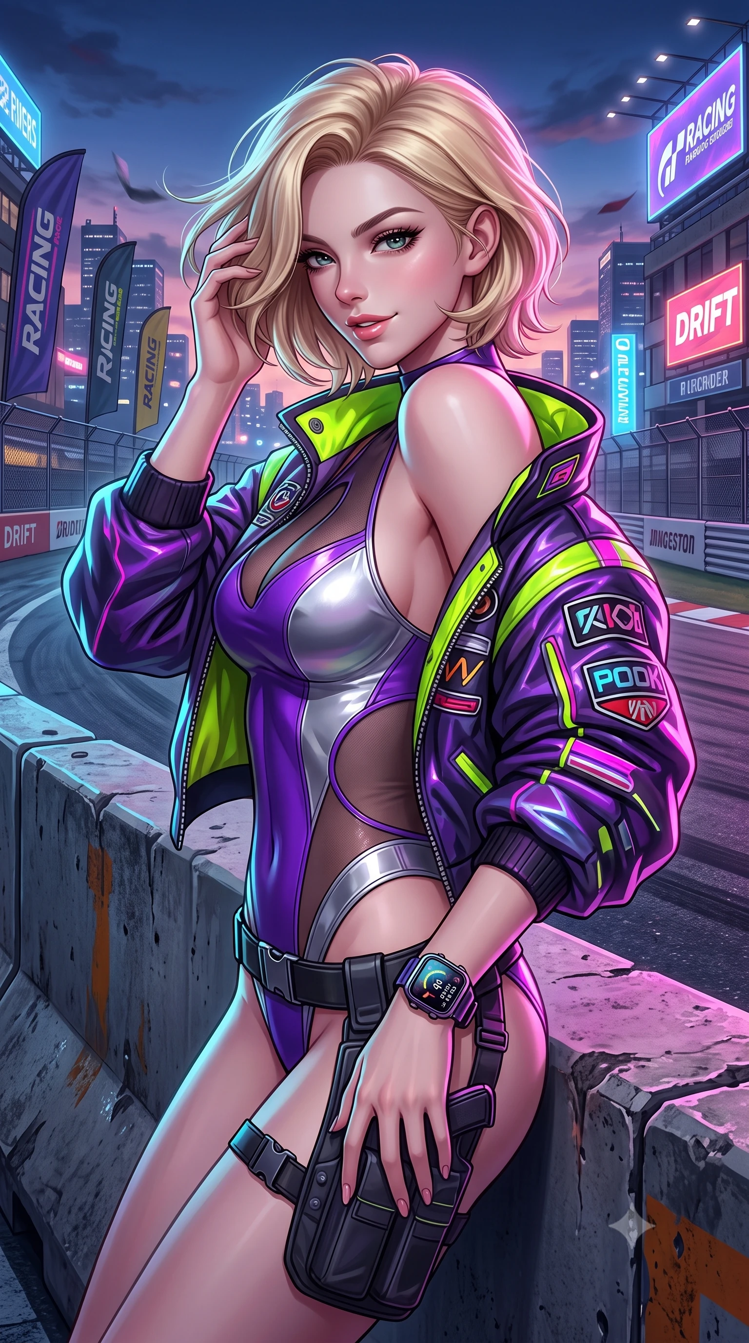 score_9, masterpiece, best quality, ultra-detailed, high-budget anime keyframe, semi-realistic 3D game render, editorial fashion photography, tasteful artistic composition, Caucasian woman. close-up cowboy shot from the waist and thighs up, the character dominates the composition, filling the frame with her large presence. turning over a bare shoulder with an intoxicating, teasing smile, her soft hair framing her sharp jawline as she looks back while leaning against a heavy track barrier, tossing her hair over one shoulder as wind whips the racing circuit banners. The surrounding environment is rendered in vivid detail and crisp panoramic clarity. intense neon-noir chiaroscuro and exhilarating urban drift culture aesthetics rendered with precision. She has an exceptionally elegant, slender, and willowy female figure with an ultra-slim waist, a gracefully sculpted slender torso, toned flat midriff, and a refined slim silhouette. sharp v-shaped jawline, high-bridge nose, intricate jewel-like eyes with depth, thick eyelashes, glossy parted lips with a natural sheen, intensely captivating and seductive expression, flawlessly proportioned anatomical accuracy, strict slender model proportions, natural body alignment, perfectly sculpted long slender limbs, ultra-slim waistline, clean dynamic posture without body distortion. wearing a cutout cyber-racing leotard layered with an oversized neon-accented paddock bomber jacket in toxic ultraviolet purple and chrome silver, made of stretchy athletic knit with sheer mesh cutout inserts, equipped with a low-slung utility holster and racing telemetry smartwatch, the sleek tactical cut tightly hugging her graceful clavicle, narrow waist, and athletic curves with statuesque precision. surrounded by an adrenaline-fueled, audacious, and wildly charismatic drift idol aura. highly saturated vibrant anime colors, detailed shading with soft gradients, rich glossy textures, high-contrast stereoscopic depth, volumetric dynamic lighting, master piece, 9:16 ratio