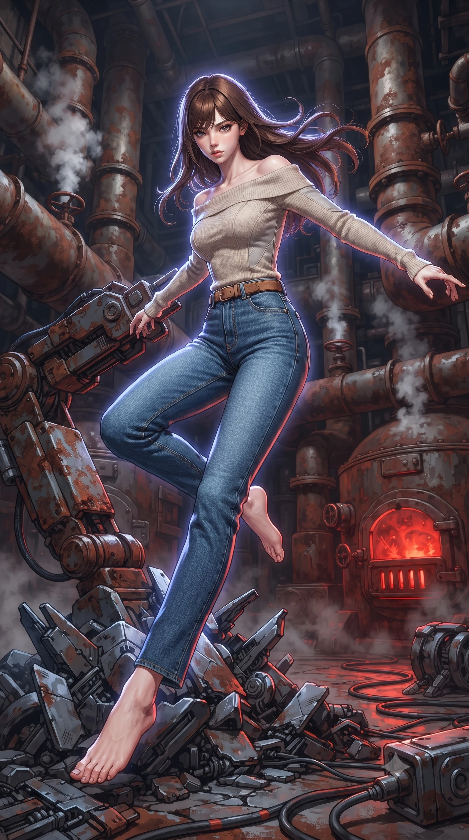 score_9, masterpiece, best quality, ultra-detailed, high-budget anime keyframe, editorial fashion photography, tasteful artistic composition, realistic cosplay photography, Korean woman. low angle full-body shot from head to toe showing her feet, filling the entire 9:16 vertical frame with her statuesque presence, stretching her vertical silhouette. acrobatically dodging a heavy mech's swipe by vaulting off a pile of cybernetic debris through a room filled with giant rust-covered pipes, steam venting from valves and furnace doors glowing red in the background. She has a statuesque 8.5-heads proportion, an exceptionally tall, slender and willowy model-like build with impossibly long legs and a highly sculpted ultra-slim waist. sharp v-shaped jawline, high-bridge nose, intricate jewel-like eyes with depth, thick eyelashes, glossy lips with a natural sheen. wearing tailored for maximum mobility, sleek form-contouring panels that allow fluid movement, a slim-fit oatmeal cashmere off-shoulder knit sweater layered over high-waisted raw blue denim and a camel suede belt. cool ethereal blue-violet bioluminescent glow wrapping around her from all sides. ultra-reflective glossy finish, specular highlights, metallic sheen, high-contrast stereoscopic depth, volumetric dynamic lighting, 2k, ultra detail, master piece, 9:16 ratio