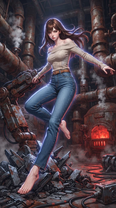 score_9, masterpiece, best quality, ultra-detailed, high-budget anime keyframe, editorial fashion photography, tasteful artistic composition, realistic cosplay photography, Korean woman. low angle full-body shot from head to toe showing her feet, fil