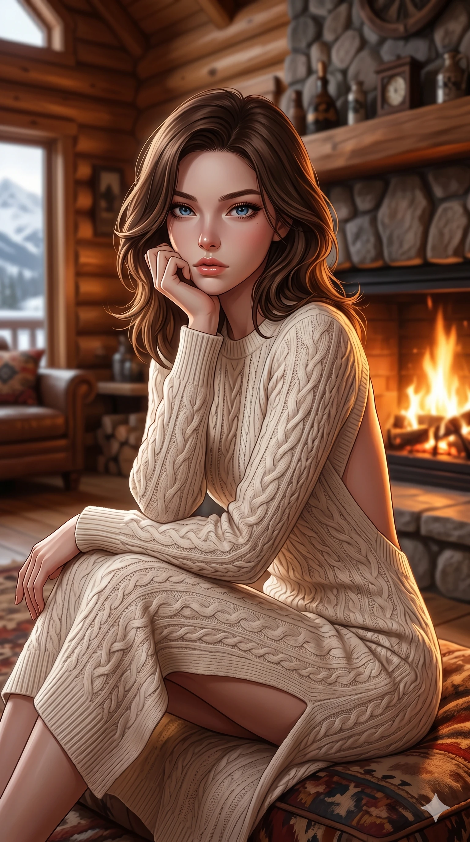 score_9, masterpiece, best quality, ultra-detailed, high-budget anime keyframe, editorial fashion photography, tasteful artistic composition, Korean woman. cowboy shot from the thighs up, character and outfit filling the frame for maximum editorial presence. sitting near the fire, resting her chin on her hand, looking directly into the camera inside a cozy mountain log cabin with a stone fireplace (Code-P16-085). She has an absolutely perfect 8-heads proportion, an exceptionally tall and slender female figure with impossibly long slender legs and an ultra-slim waist. V-shaped jawline, high-bridge nose, intricate jewel-like eyes with depth, thick eyelashes, glossy lips with a natural sheen. wearing a soft cream-colored knit dress with an open-back design and a high leg slit. warm amber firelight casting dancing shadows and a soft golden glow over her features. 2k, ultra detail, master piece, 9:16 ratio