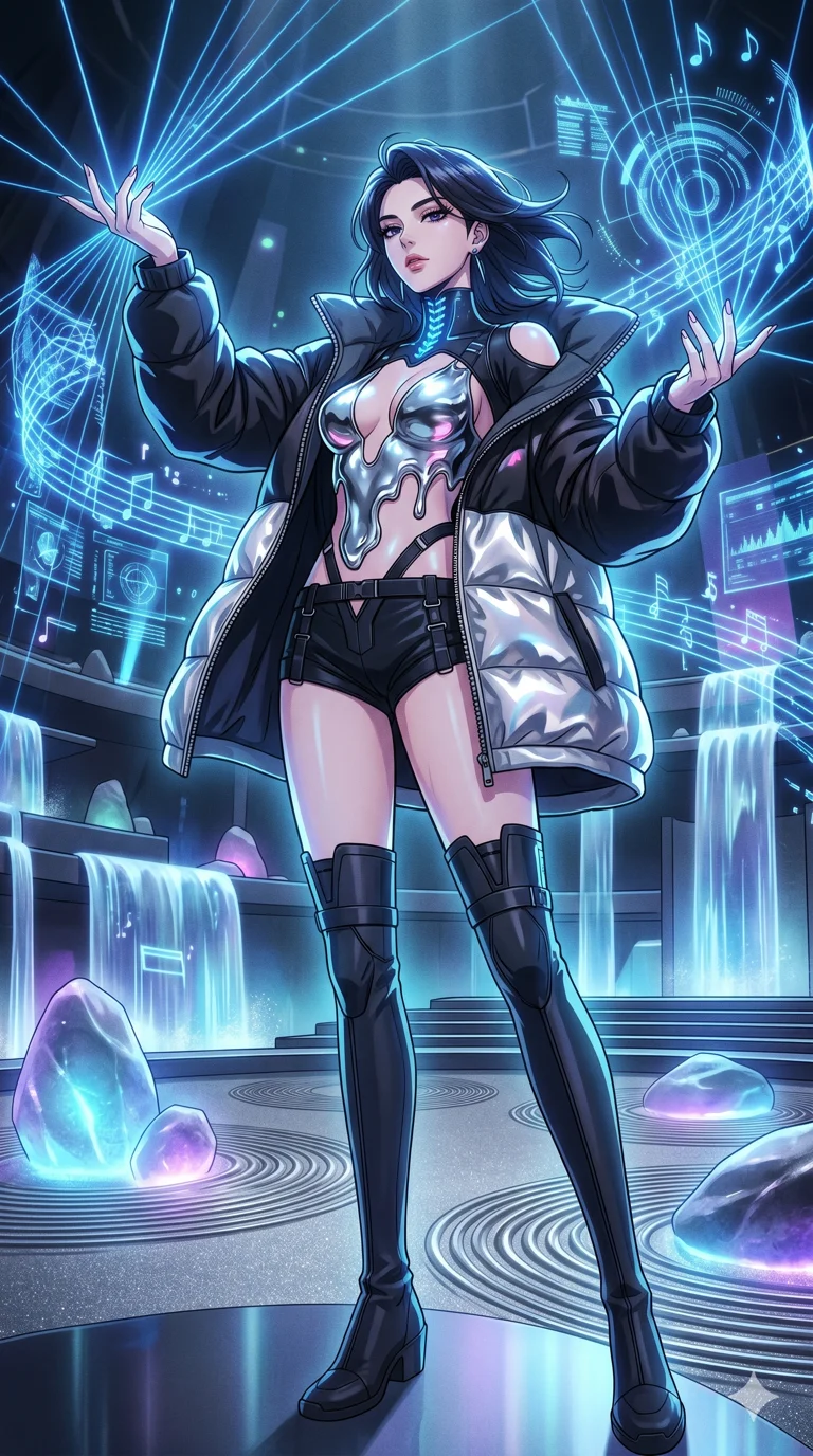 score_9, masterpiece, best quality, ultra-detailed, High-budget Anime Keyframe, vibrant colors, fluid line-art, expressive lighting, cinematic composition, Ufotable-style visual effects, top-tier animation quality, Korean woman with idol-like refined features. Dramatic low angle looking up at her majestic stature, dominating the vertical space of the composition. Orchestrating a complex symphony of laser lights and holographic projections in a grand futuristic concert hall. She has an absolutely perfect 8-heads proportion, an exceptionally tall and slender female figure with impossibly long slender legs and an ultra-slim waist, her statuesque height and towering silhouette dominating the vertical 9:16 frame. Her face is a masterpiece featuring a sharp v-shaped jawline, high-bridge nose, intricate jewel-like eyes with depth, thick eyelashes, and glossy lips with a natural sheen. She is wearing a Oversized puffer jacket worn over a micro-shorts and harness set, unzipped to reveal her chest crafted from Molten liquid mercury that flows and reflects the environment with metallic perfection, boasting shoulder cut-outs and a glowing spinal interface visible through the back. The scene is set in a serene Zen garden with metallic sand, glowing stones, and a holographic waterfall, illuminated by soft bioluminescent glow from the environment casting ethereal colors on her skin. 2k, ultra detail, master piece, 9:16 ratio