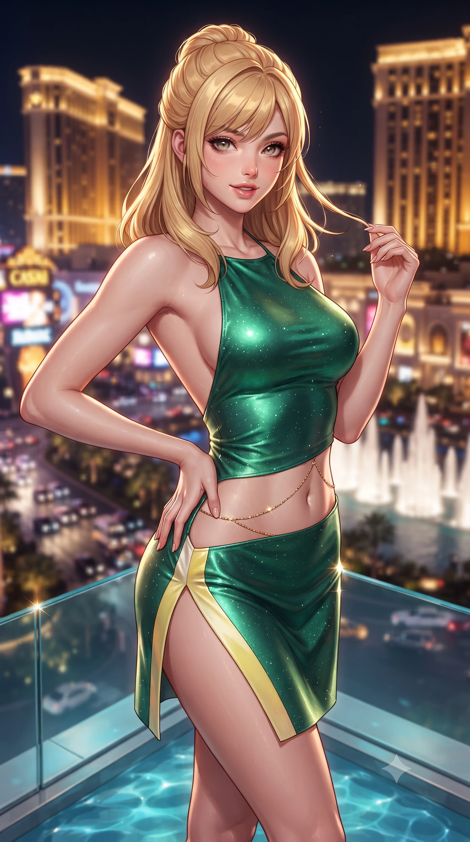score_9, masterpiece, best quality, ultra-detailed, high-budget anime keyframe, editorial fashion photography, tasteful artistic composition, Caucasian woman. close-up cowboy shot from the waist and thighs up, the character dominates the composition, filling the frame with her large presence. twisting her slender torso in an alluring contrapposto stance, one hand resting on her sculpted hip while her fingers toy with her hair with effortless poise while standing at the edge of the cantilevered glass infinity pool high above the neon strip, arching her back with breathtaking siren presence. The background shows a soft-focus the colossal illuminated golden facades of Cotai Strip casino palaces, moving traffic, and fountains blurred into champagne, ruby, and amber bokeh. She has an exceptionally elegant, slender, and willowy female figure with an ultra-slim waist, flat toned midriff, narrow ribcage, and sculpted feminine hips creating an alluring, slim hourglass silhouette without bulk. sharp v-shaped jawline, high-bridge nose, sparkling eyes with hypnotic seductive depth, thick curled eyelashes, glossy parted lips with a natural dewy peach sheen, alluring bedroom-eyes with an enchanting coquettish smile, exuding magnetic siren charisma and sophisticated glamour, flawlessly proportioned anatomical accuracy, strict slender model proportions, natural body alignment, perfectly sculpted long slender limbs, ultra-slim waistline, clean dynamic posture without body distortion. wearing a slinky backless halterneck column mini dress in shimmering liquid emerald satin with deep side leg slits in sunlit daisy yellow and gardenia cream with olive accents, woven from stretch metallic lurex jersey casting radiant starlight glints across her silhouette, accented with a dainty gold belly chain resting across her flat midriff and curving hips, the high-slit wrap tailoring accentuating her ultra-slim waistline and the enchanting curve of her feminine hips with alluring seductive charm. illuminated by city neon reflection bounce and sharp platinum-gold rim lights defining her delicate clavicles, narrow waist, and curvy hips. ultra-reflective glossy finish, specular highlights, rich textural contrasts, high-contrast stereoscopic depth, volumetric dynamic lighting, 2k, ultra detail, master piece, 9:16 ratio