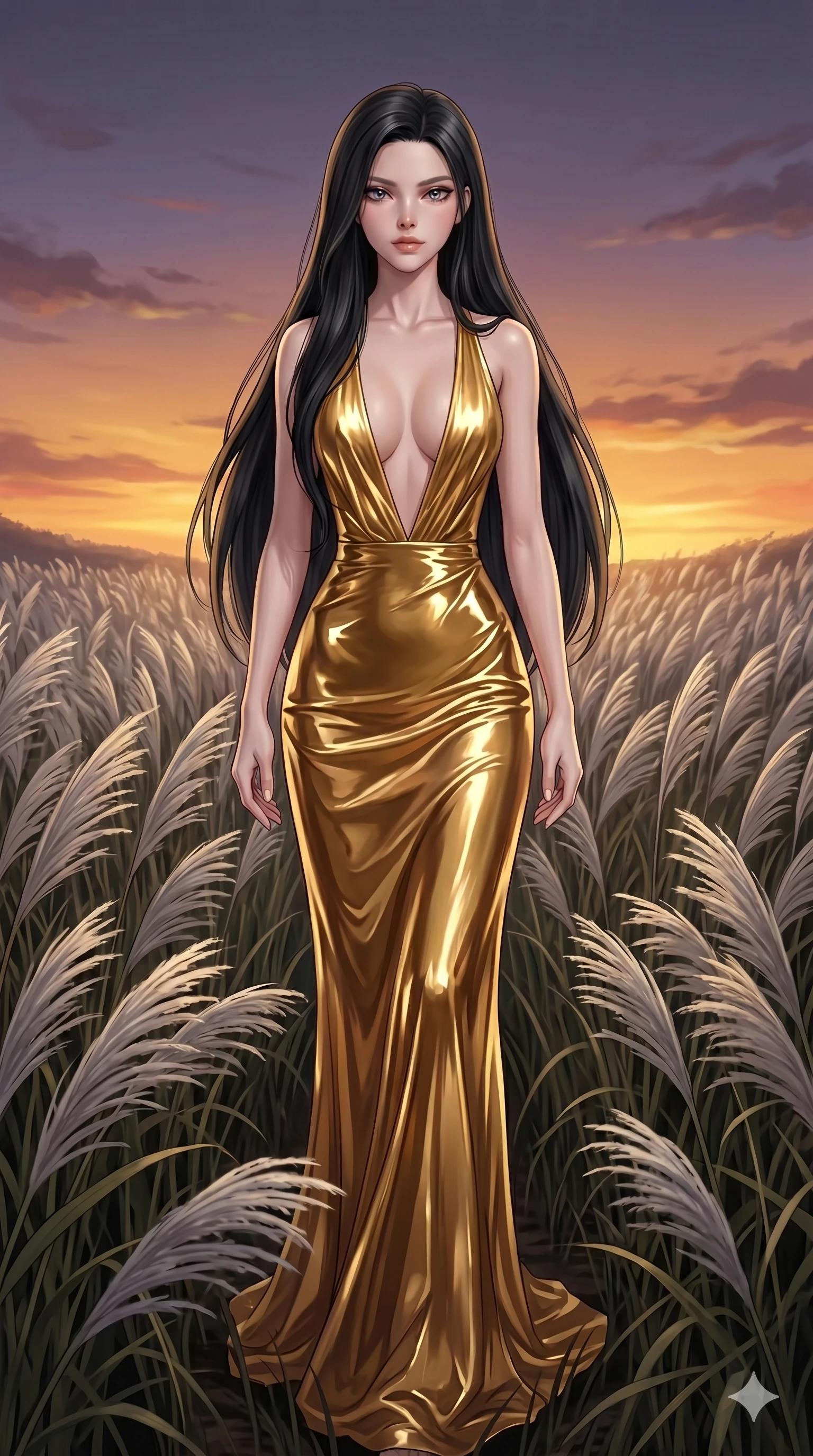 score_9, masterpiece, best quality, ultra-detailed, High-budget Anime Keyframe, East Asian woman. Dynamic full-body shot stretching the vertical silhouette to the limit. Scenario 88: Walking through a field of tall silver grass at twilight. Her presence is magnetic and overpowering in this high-budget anime scene. Outfit 88: A molten liquid silk gold with a plunging V-neckline and wet-look texture. The clothing is designed to emphasize her exceptionally tall and slender 8-heads proportion. 8-heads proportion, towering silhouette, ultra-slim waist. sharp v-shaped jawline, intricate jewel-like eyes with depth, thick eyelashes, glossy lips. 2k, ultra detail, master piece, 9:16 ratio