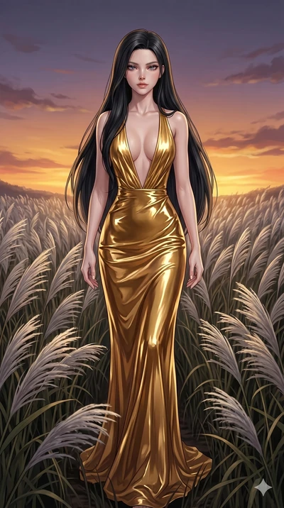 score_9, masterpiece, best quality, ultra-detailed, High-budget Anime Keyframe, East Asian woman. Dynamic full-body shot stretching the vertical silhouette to the limit. Scenario 88: Walking through a field of tall silver grass at twilight. Her prese