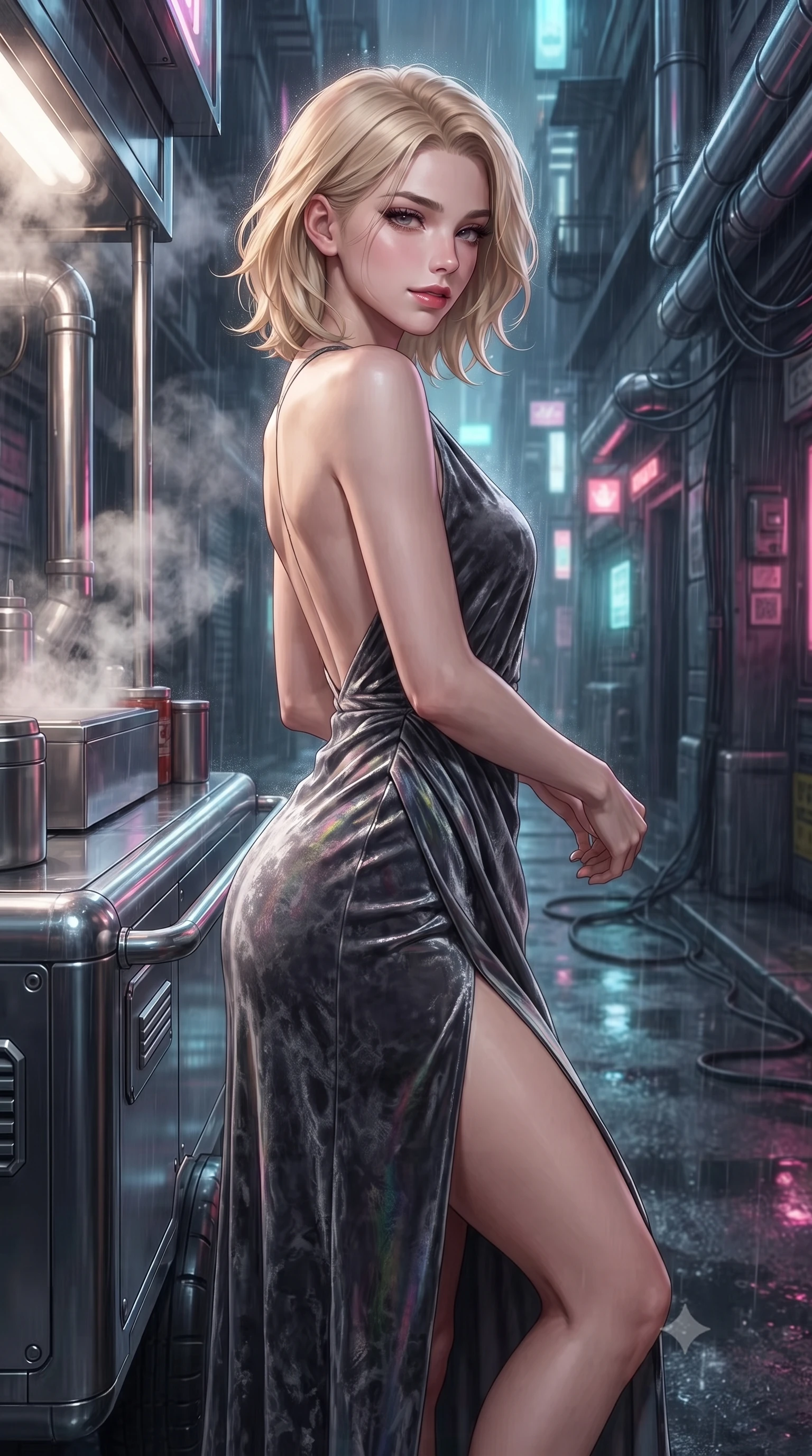 score_9, masterpiece, best quality, ultra-detailed, high-budget anime keyframe, editorial fashion photography, tasteful artistic composition, Caucasian woman. close-up cowboy shot from the waist and thighs up, the character dominates the composition, filling the frame with her large presence, background elements kept in soft focus. Glancing sidelong over her shoulder with a smoldering half-smile and heavy lashes resting against a sleek metallic food cart as steam rises into rain-slicked air, futuristic tactical cables and chrome pipes lining the dark city walls. She has an exceptionally elegant, slender, and willowy female figure with an ultra-slim waist, a gracefully sculpted slender torso, and a refined silhouette. sharp v-shaped jawline, high-bridge nose, intricate jewel-like eyes with depth, thick eyelashes, glossy lips with a natural sheen. wearing a backless crushed velvet gown with a deep V-neckline and high thigh slit in charcoal grey and platinum, crafted from iridescent chiffon that shifts colors in the light, finished with a sleek side slit ascending to mid-thigh, the elegant draped fit framing her graceful clavicle and slender torso. surrounded by a high-energy futuristic nightlife atmosphere. ultra-reflective glossy finish, specular highlights, metallic sheen, high-contrast stereoscopic depth, volumetric dynamic lighting, 2k, ultra detail, master piece, 9:16 ratio