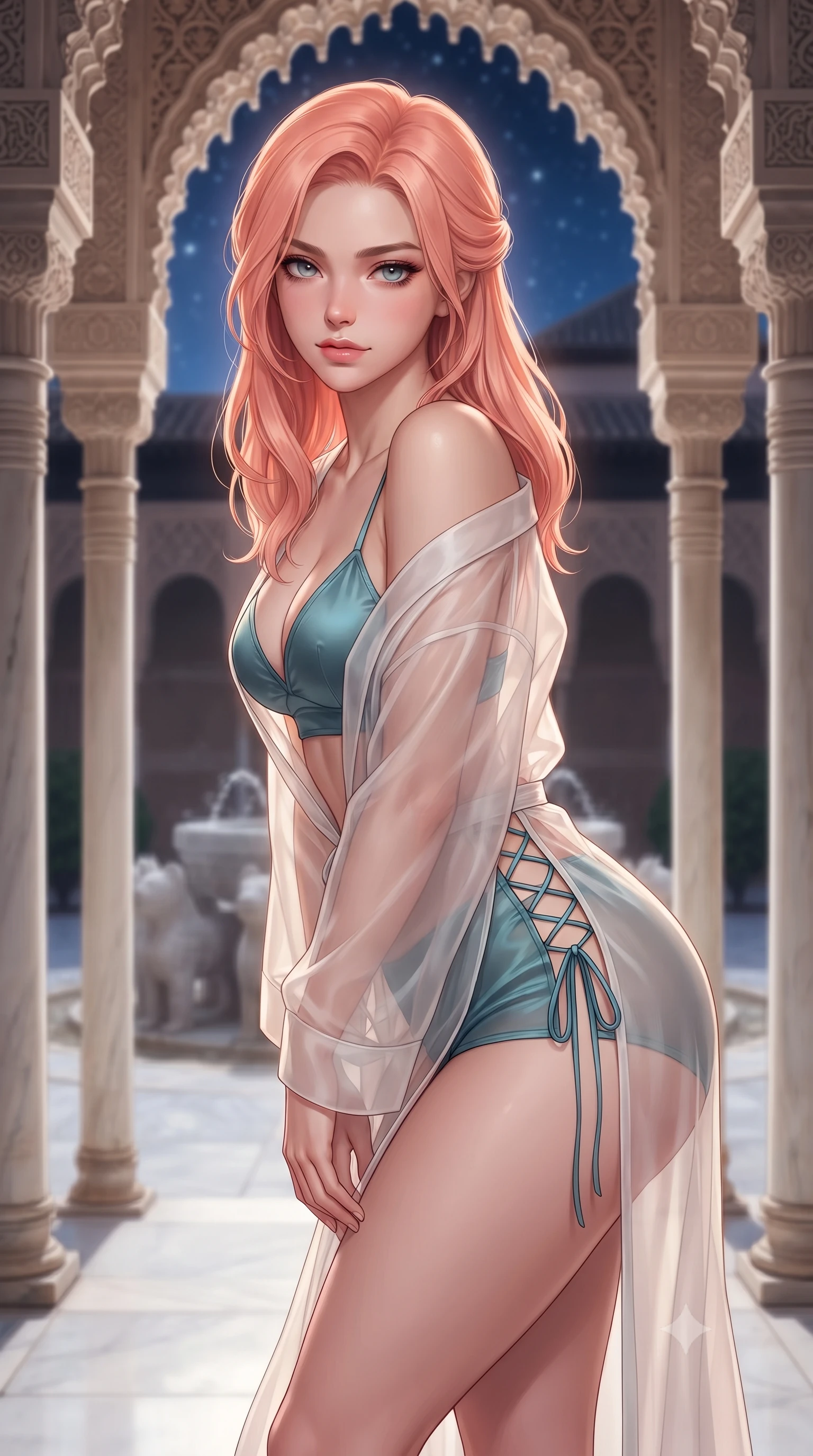 score_9, masterpiece, best quality, ultra-detailed, high-budget anime keyframe, editorial fashion photography, tasteful artistic composition, Japanese woman. close-up cowboy shot from the waist and thighs up, the character dominates the composition, filling the frame with her large presence. leaning forward while arching her lower back to accentuate her curvy hips, looking into the camera with an intoxicating smoldering gaze and bedroom-eyes while standing poised between slender white marble columns beneath intricate carved muqarnas stalactite arches, arching her lower back with sovereign supermodel grace as moonlight illuminates the twelve stone lions of the fountain. The background shows a soft-focus slender white Macael marble colonnade, bubbling lion fountain basin, and starlit Granada skies through horseshoe arches blurred into ivory, amber, and indigo bokeh. She has an exceptionally elegant, slender, and willowy female figure with an ultra-slim waist, flat toned midriff, narrow ribcage, and sculpted feminine hips creating an alluring, slim hourglass silhouette without bulk. sharp v-shaped jawline, high-bridge nose, intricate jewel-like sparkling eyes with depth, thick eyelashes, glossy parted lips with a natural peach sheen, bright cheerful beaming smile with an enchanting and coquettish sensual glint, exuding both youthful cute charm and seductive allure, flawlessly proportioned anatomical accuracy, strict slender model proportions, natural body alignment, perfectly sculpted long slender limbs, ultra-slim waistline, clean dynamic posture without body distortion. wearing a sheer silk organza modern kimono robe worn loose and slipping off bare shoulders over a matching satin bralette and micro-shorts in Icelandic geothermal cyan and volcanic basalt obsidian, woven from fine semi-opaque stretch illusion mesh tracing her slender contours, featuring fine criss-cross lace-up side ties revealing tantalizing glimpses of her hip curve, the high-slit wrap tailoring accentuating her ultra-slim waistline and the enchanting curve of her feminine hips with alluring seductive charm. illuminated by white marble floor reflection bounce and sharp platinum-gold rim lights sculpting her razor-sharp jawline, narrow waist, and curvy hips. ultra-reflective glossy finish, specular highlights, rich textural contrasts, high-contrast stereoscopic depth, volumetric dynamic lighting, 2k, ultra detail, master piece, 9:16 ratio