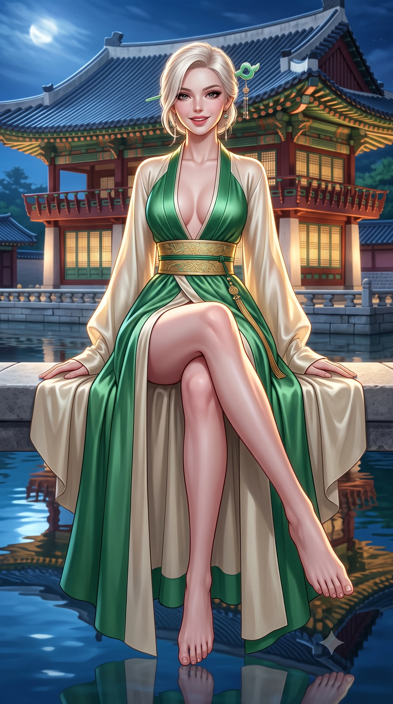 score_9, masterpiece, best quality, ultra-detailed, high-budget anime keyframe, semi-realistic 3D game render, editorial fashion photography, tasteful artistic composition, Caucasian woman. low angle full-body shot from head to toe showing her feet, filling the entire 9:16 vertical frame with her statuesque presence, stretching her vertical silhouette. sitting perched on the elevated pavilion terrace edge with legs crossed and hips angled toward the camera, displaying her toned midriff and long slender limbs with joyful, coquettish charm while twisting her slender torso in an alluring S-curve, royal palace waters reflecting the illuminated two-story pavilion and her curvaceous silhouette. The surrounding environment is rendered in vivid detail and crisp panoramic clarity: detailed sheer jeogori silk weave, delicate norigae jewelry sparkle, and Joseon royal palace architecture in razor-sharp precision. She has an absolutely perfect, statuesque 8.5-heads proportion, an exceptionally tall and slender model-like female figure with impossibly long slender legs, an ultra-slim waist, a flat toned midriff, narrow delicate ribcage, and beautifully sculpted feminine hips creating a graceful, slim hourglass silhouette without any bulky heaviness. sharp v-shaped jawline, high-bridge nose, intricate jewel-like dark sparkling almond eyes with depth, thick lashes, glossy parted lips with a natural rose-plum sheen, bright alluring and coquettish smile with bedroom-eyes, exuding both timeless oriental elegance and sovereign high-fashion allure, flawlessly proportioned anatomical accuracy, strict slender model proportions, natural body alignment, perfectly sculpted long slender limbs, ultra-slim waistline, clean dynamic posture without body distortion. wearing a deep plunging-V modern kimono gown with wide flowing sleeves and a waist-cinching gold embroidered sash in fresh bamboo emerald and soft oatmeal cream, crafted from heavy fluid silk satin with a liquid mirror-like sheen, featuring a modern sculptural jade hair pin securing her loose silky updo, the form-fitting tailored bodice adhering flawlessly to her sculpted flat midriff and slender torso, emphasizing her long leg lines and perfectly proportioned willowy build. illuminated by full moon celestial rays and sharp warm-gold rim lights defining her sculpted collarbones, ultra-slim waist, and curvy hips. highly saturated vibrant anime colors, detailed shading with soft gradients, rich glossy textures, high-contrast stereoscopic depth, volumetric dynamic lighting, master piece, 9:16 ratio