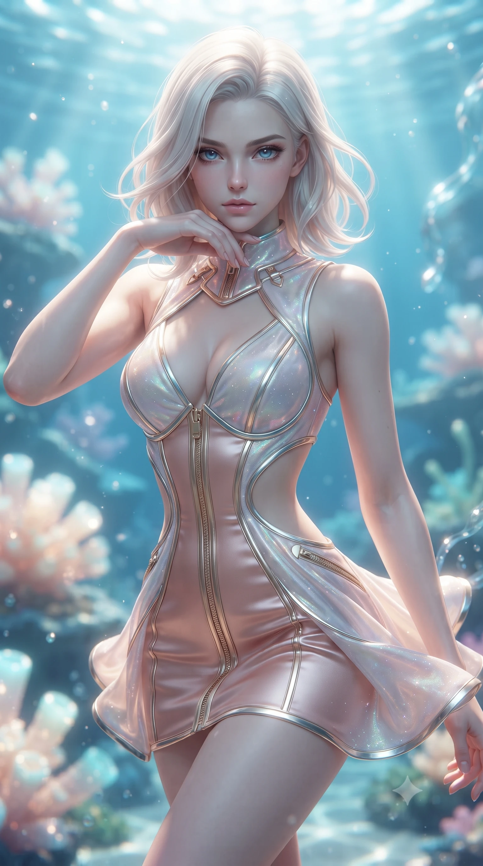 score_9, masterpiece, best quality, ultra-detailed, high-budget anime keyframe, editorial fashion photography, tasteful artistic composition, Caucasian woman. close-up cowboy shot from the waist and thighs up, the character dominates the composition, filling the frame with her large presence, background elements kept in soft focus. Resting her chin on the backs of her fingers with an air of effortless superiority, floating through a sun-drenched underwater sanctuary filled with glowing opal coral, gentle water currents swaying her attire in fluid underwater motions. She has an exceptionally elegant, slender, and willowy female figure with an ultra-slim waist, a gracefully sculpted slender torso, and a refined silhouette. sharp v-shaped jawline, high-bridge nose, intricate jewel-like eyes with depth, thick eyelashes, glossy lips with a natural sheen. wearing dramatic open-waist cutout mini dress in opal velvet framed by chrome hardware in glowing ivory, made of soft rose-gold satin, finished with metallic gold boning and sleek zipper points, the fitted fabric emphasizing her ultra-slim waist. surrounded by a shimmering ocean aura with bright pearl-white rim lights. ultra-reflective glossy finish, specular highlights, metallic sheen, high-contrast stereoscopic depth, volumetric dynamic lighting, 2k, ultra detail, master piece, 9:16 ratio