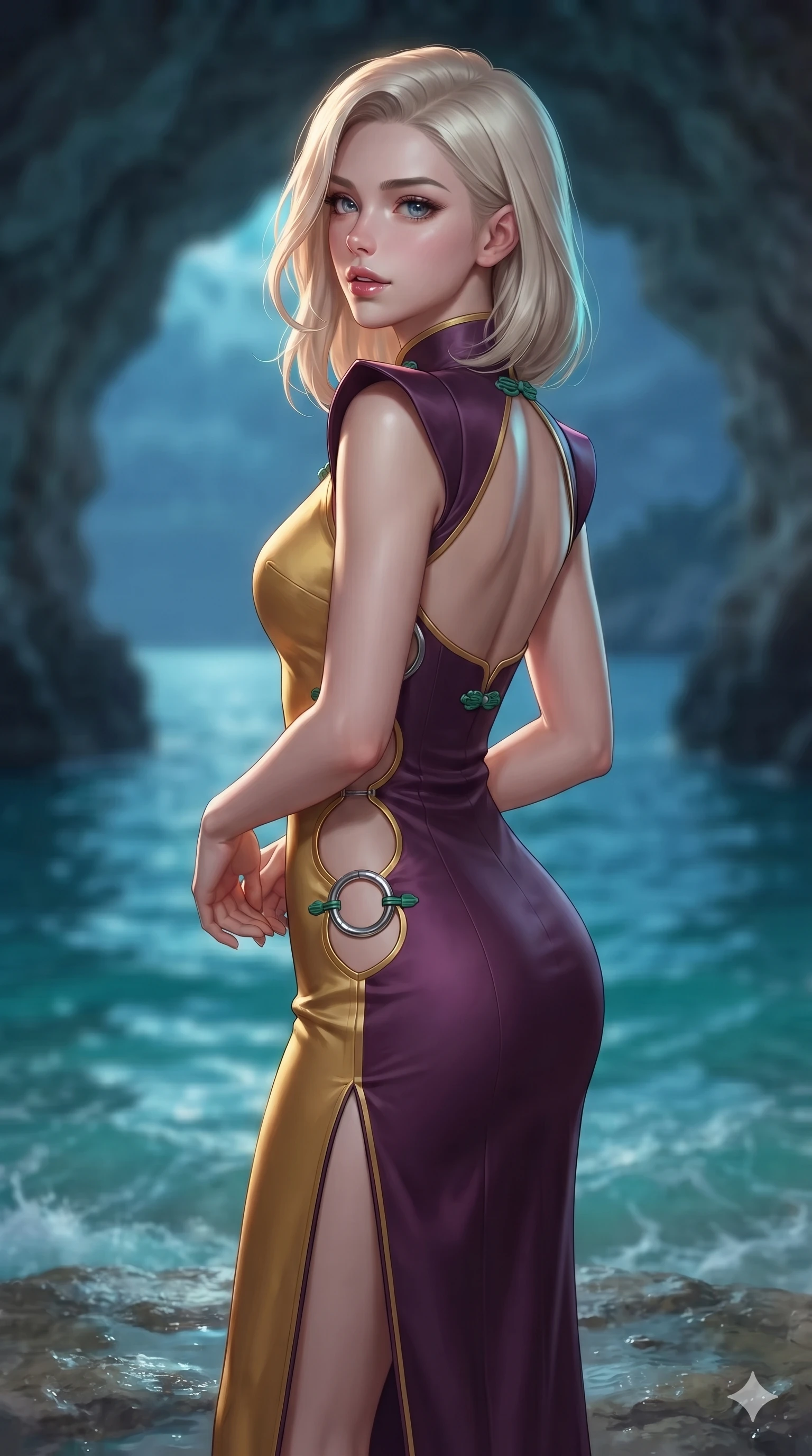 score_9, masterpiece, best quality, ultra-detailed, high-budget anime keyframe, editorial fashion photography, tasteful artistic composition, Caucasian woman. close-up cowboy shot from the waist and thighs up, the character dominates the composition, filling the frame with her large presence. posing in an alluring rear three-quarter angle, looking over a bare shoulder with parted glossy lips, her hips cocked back to highlight her slim hourglass curve while standing poised on the wet limestone ledge inside the sea cavern, arching her lower back with sovereign siren poise as turquoise waters lap below. The background shows a soft-focus secluded coastal grotto softened in marine nocturnal shallow focus. She has an exceptionally elegant, slender, and willowy female figure with an ultra-slim waist, flat toned midriff, narrow ribcage, and sculpted feminine hips creating an alluring, slim hourglass silhouette without bulk. sharp v-shaped jawline, high-bridge nose, sparkling eyes with hypnotic seductive depth, thick curled eyelashes, glossy parted lips with a natural dewy peach sheen, alluring bedroom-eyes with an enchanting coquettish smile, exuding magnetic siren charisma and sophisticated glamour, flawlessly proportioned anatomical accuracy, strict slender model proportions, natural body alignment, perfectly sculpted long slender limbs, ultra-slim waistline, clean dynamic posture without body distortion. wearing a refined high-collar fusion qipao evening column gown with structured shoulders and modest jade toggle clasps in imperial gold and royal plum purple, tailored from heavy double-faced silk faille with an exceptionally fluid drape, accented with sculptural chrome hardware rings framing the subtle cutouts, the impeccably tailored cut draping gracefully along her slender figure with aristocratic eastern poise. illuminated by turquoise pool water bounce and sharp cyan-gold rim lights sculpting her razor-sharp jawline, narrow waist, and curvy hips. ultra-reflective glossy finish, specular highlights, rich textural contrasts, high-contrast stereoscopic depth, volumetric dynamic lighting, 2k, ultra detail, master piece, 9:16 ratio