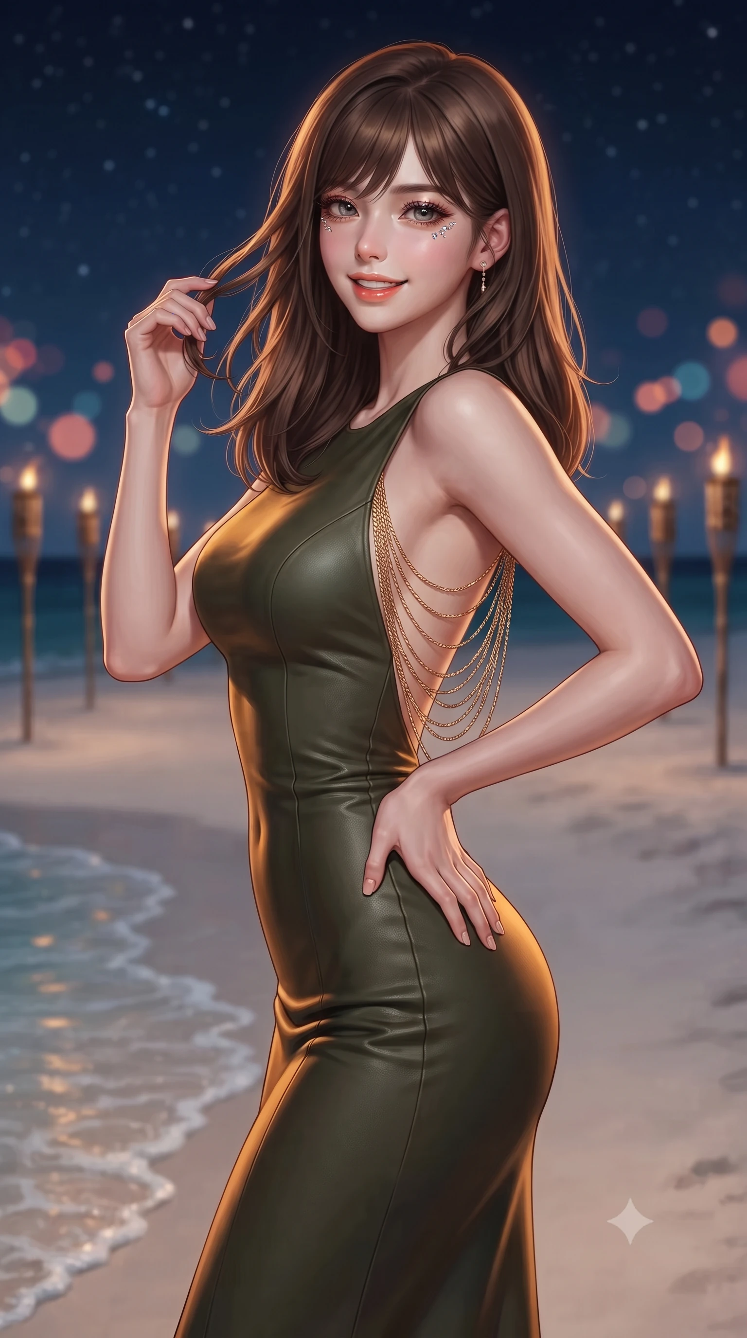 score_9, masterpiece, best quality, ultra-detailed, high-budget anime keyframe, editorial fashion photography, tasteful artistic composition, Korean woman. close-up cowboy shot from the waist and thighs up, the character dominates the composition, filling the frame with her large presence. twisting her slender torso in an alluring contrapposto stance, one hand resting on her sculpted hip while her fingers toy with her hair with effortless poise while twisting her slender torso in an alluring contrapposto stance beside the candlelit dining table, gentle lapping waves caressing the sand at her feet. The background shows a soft-focus solitary white sandbank in the middle of the Indian Ocean, line of bamboo tiki torches glowing in the dark, and starry sky blurred into coral, amber, and indigo bokeh. She has an exceptionally elegant, slender, and willowy female figure with an ultra-slim waist, flat toned midriff, narrow ribcage, and sculpted feminine hips creating an alluring, slim hourglass silhouette without bulk. sharp v-shaped jawline, high-bridge nose, intricate jewel-like sparkling eyes with depth, thick eyelashes, glossy parted lips with a natural peach sheen, bright cheerful beaming smile with an enchanting and coquettish sensual glint, exuding both youthful cute charm and seductive allure, flawlessly proportioned anatomical accuracy, strict slender model proportions, natural body alignment, perfectly sculpted long slender limbs, ultra-slim waistline, clean dynamic posture without body distortion. wearing a glove-like stretch lambskin leather sheath dress accentuating her ultra-slim waistline in Tuscan cypress dark olive and sunset amber gold, crafted from bespoke double-faced cashmere with an exceptionally soft tactile finish, accented with an open-back drape framed by falling strands of delicate gold chains, the impeccably tailored cut draping gracefully along her slender figure with aristocratic poise. illuminated by white sand reflection bounce and sharp flame-gold rim lights sculpting her razor-sharp jawline, narrow waist, and curvy hips. ultra-reflective glossy finish, specular highlights, rich textural contrasts, high-contrast stereoscopic depth, volumetric dynamic lighting, 2k, ultra detail, master piece, 9:16 ratio