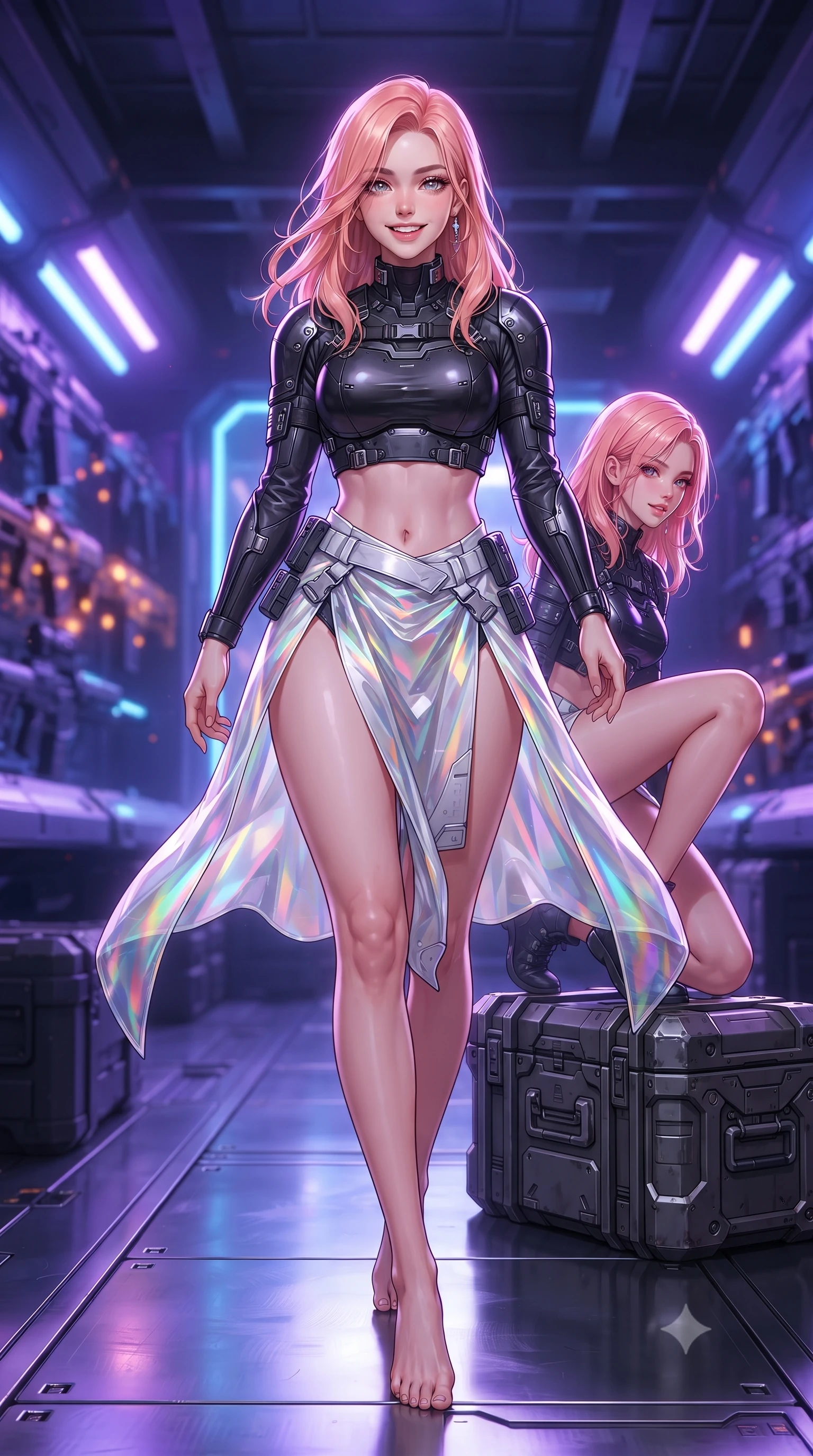 score_9, masterpiece, best quality, ultra-detailed, high-budget anime keyframe, editorial fashion photography, tasteful artistic composition, Japanese woman. low angle full-body shot from head to toe showing her feet, filling the entire 9:16 vertical frame with her statuesque presence, stretching her vertical silhouette. striding forward gracefully across the reflective metal deck in mid-motion with a radiant beaming smile, hips swaying in an alluring kinetic rhythm that accentuates her curvy hourglass silhouette and long slender legs while sitting perched on an armored ammunition crate with one knee drawn up, her sleek tactical combat suit radiating powerful sensual charisma. The background shows a soft-focus hundreds of futuristic plasma carbines and heavy railguns locked in glowing charging bays blurred into violet, amber, and gunmetal bokeh. She has an absolutely perfect, statuesque 8.5-heads proportion, an exceptionally tall and slender model-like female figure with impossibly long slender legs, an ultra-slim waist, a flat toned midriff, narrow delicate ribcage, and beautifully sculpted feminine hips creating a graceful, slim hourglass silhouette without any bulky heaviness. sharp v-shaped jawline, high-bridge nose, intricate jewel-like sparkling eyes with depth, thick eyelashes, glossy parted lips with a natural sheen, bright confident smile with an enchanting and coquettish sensual glint, exuding both youthful magnetic charm and sovereign high-tech allure, flawlessly proportioned anatomical accuracy, strict slender model proportions, natural body alignment, perfectly sculpted long slender limbs, ultra-slim waistline, clean dynamic posture without body distortion. wearing a cyber-samurai tactical suit featuring a shortened carbon chestplate and high-slit armored wrap skirt in dual-tone high-contrast monochrome black and stark white, woven from layered gossamer holographic organza casting chromatic prism reflections, finished with polished chrome buckle hardware and modular magnetic holster clasps, the form-contouring cut accentuating her sculpted flat midriff, narrow delicate ribcage, and gracefully curvy hips with cybernetic supermodel precision. bathed in intense violet and electric blue plasma charging glow contrasting with industrial shadows. ultra-reflective glossy finish, specular highlights, rich textural contrasts, high-contrast stereoscopic depth, volumetric dynamic lighting, 2k, ultra detail, master piece, 9:16 ratio