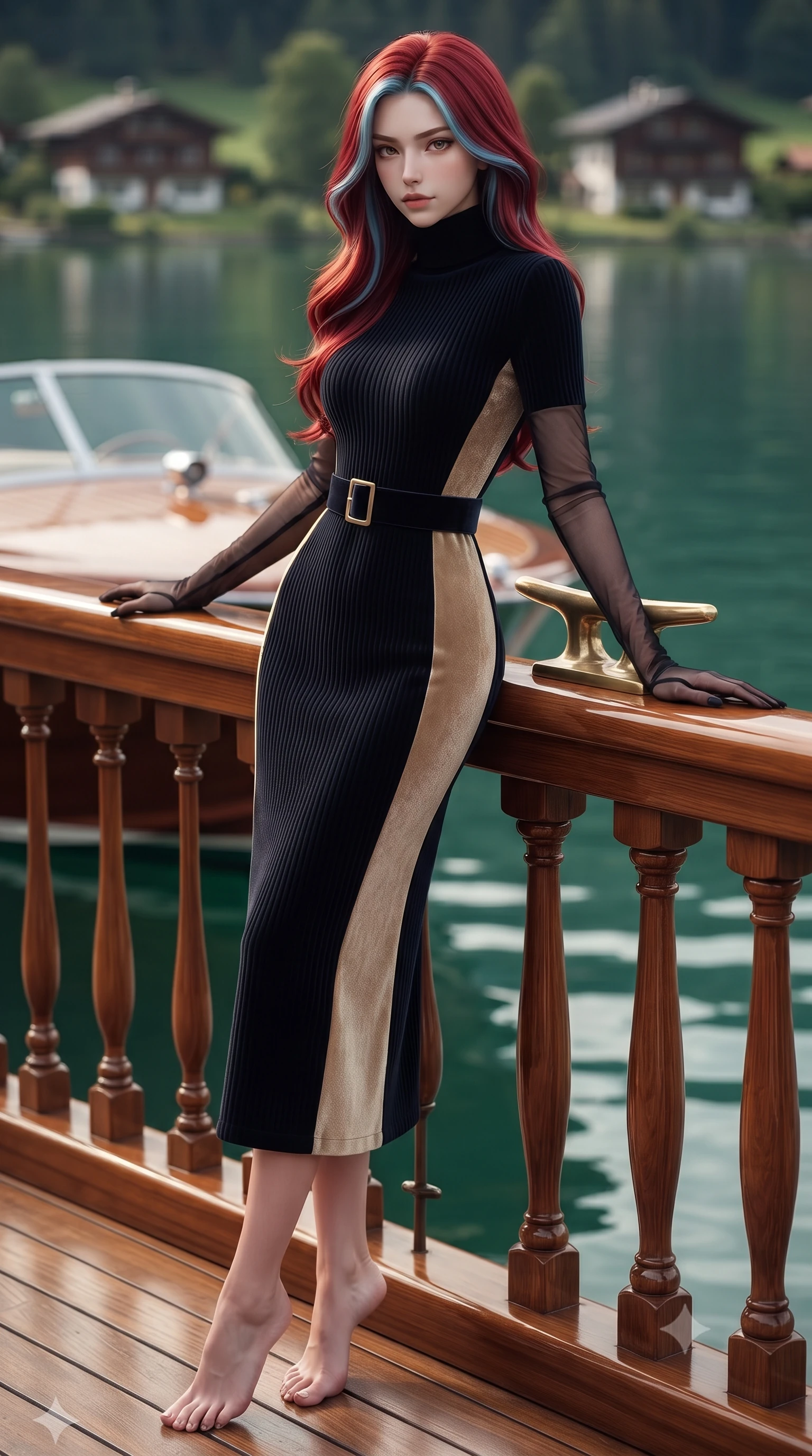score_9, masterpiece, best quality, ultra-detailed, high-budget anime keyframe, editorial fashion photography, tasteful artistic composition, Caucasian woman. low angle full-body shot from head to toe showing her feet, filling the entire 9:16 vertical frame with her statuesque presence, stretching her vertical silhouette. leaning deep against the balcony balustrade with hips cocked back in an unapologetically alluring high-fashion stance, casting an intoxicating glance while leaning against the brass deck cleat with hips cocked back, looking across the mirror-calm emerald lake at Alpine chalets with smoldering bedroom-eyes. The background shows a soft-focus vintage mahogany speedboat windshield reflections softened in exclusive Bavarian lakeside shallow focus. She has an exceptionally tall and slender model-like 8.5-heads proportion, an ultra-slim waist, a flat toned midriff, narrow delicate ribcage, and beautifully sculpted feminine hips creating a graceful, slim hourglass silhouette without any bulky heaviness, with impossibly long slender legs. sharp v-shaped jawline, high-bridge nose, intricate jewel-like sparkling eyes with depth, thick eyelashes, glossy parted lips with a natural peach sheen, bright cheerful beaming smile with an enchanting and coquettish sensual glint, exuding both youthful cute charm and seductive allure, flawlessly proportioned anatomical accuracy, strict slender model proportions, natural body alignment, perfectly sculpted long slender limbs, ultra-slim waistline, clean dynamic posture without body distortion. wearing an elegant high-neck Icelandic cashmere ribbed turtleneck coat dress with belted waistline in deep midnight obsidian black and champagne gold, tailored from ultra-plush silk velvet with rich tactile depth and deep shadow gradients, complemented by sheer opera-length evening gloves tracing her slender arms, the impeccably tailored cut draping gracefully along her slender figure with aristocratic poise. illuminated by lake water surface specular bounce and sharp honey-gold rim lights sculpting her jawline, narrow waist, and curvy hips. ultra-reflective glossy finish, specular highlights, rich textural contrasts, high-contrast stereoscopic depth, volumetric dynamic lighting, 2k, ultra detail, master piece, 9:16 ratio