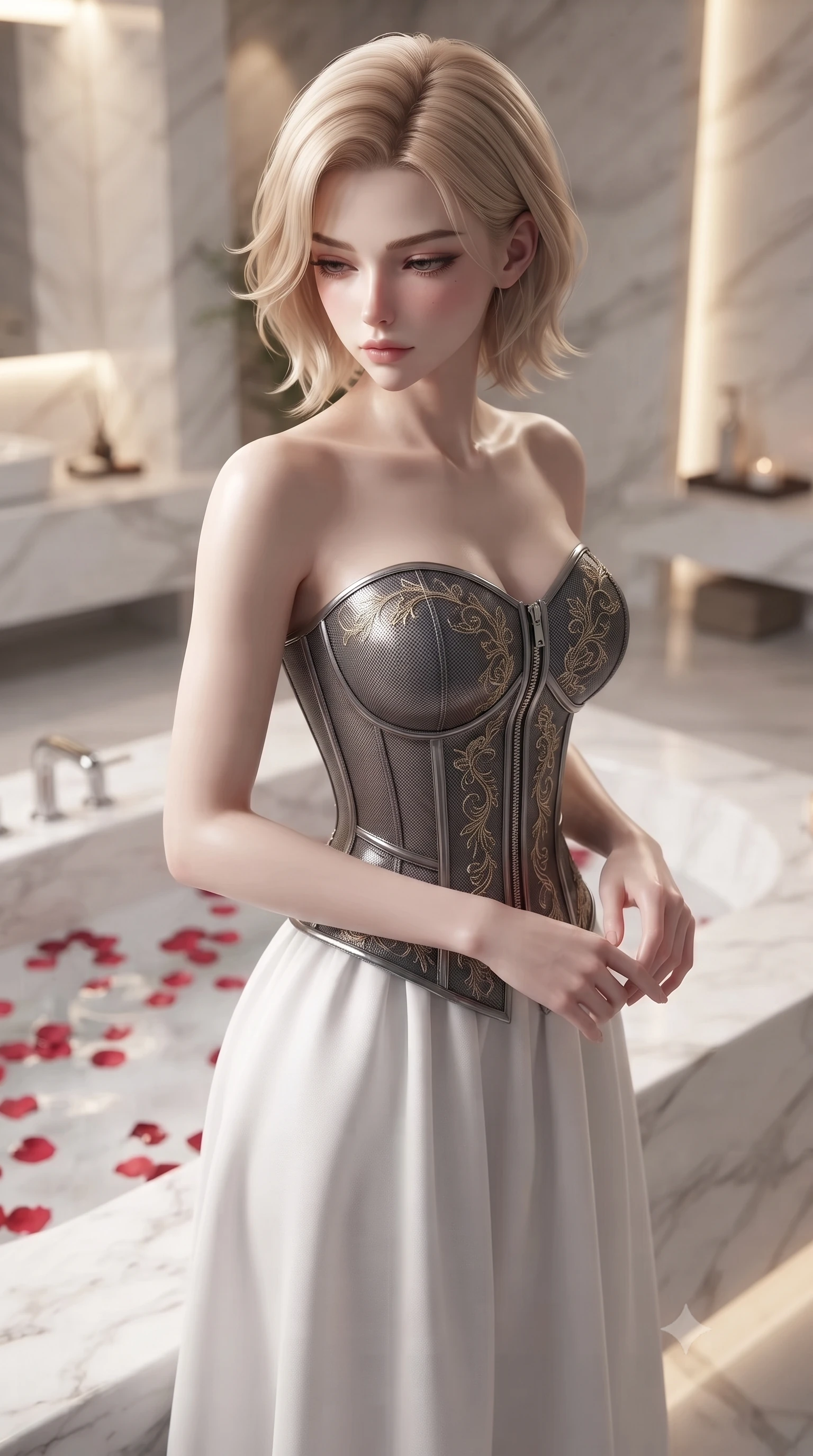 score_9, masterpiece, best quality, ultra-detailed, high-budget anime keyframe, editorial fashion photography, tasteful artistic composition, Caucasian woman. close-up cowboy shot from the waist and thighs up, the character dominates the composition, filling the frame with her large presence, background elements kept in soft focus. Looking down with lowered lashes and a composed, powerful dark aura, standing beside a sunken white marble spa basin filled with floating red rose petals, ultra-luxurious spa aesthetic with high-fashion editorial execution. She has an exceptionally elegant, slender, and willowy female figure with an ultra-slim waist, a gracefully sculpted slender torso, and a refined silhouette. sharp v-shaped jawline, high-bridge nose, intricate jewel-like eyes with depth, thick eyelashes, glossy lips with a natural sheen. wearing modern fusion white hanbok dress with structured gold-embroidered bodice in dark charcoal gray, made of fine dark contouring mesh, finished with metallic silver boning and sleek zipper points, accentuating her gracefully sculpted slender torso. lit by clear warm key rays highlighting her refined facial features. ultra-reflective glossy finish, specular highlights, metallic sheen, high-contrast stereoscopic depth, volumetric dynamic lighting, 2k, ultra detail, master piece, 9:16 ratio