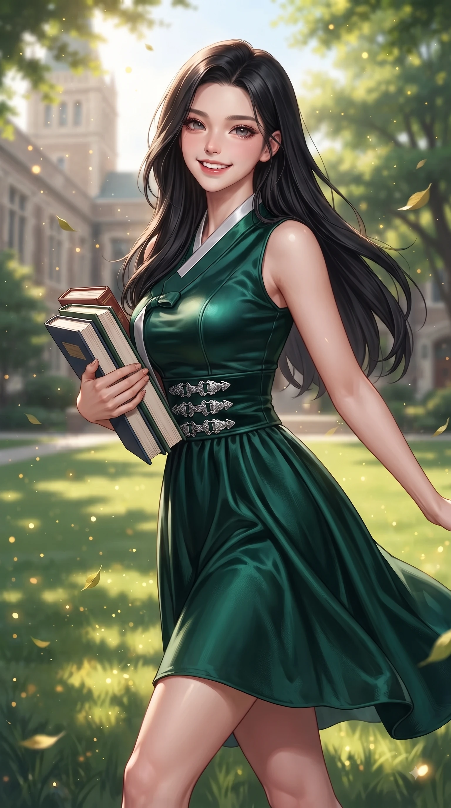 score_9, masterpiece, best quality, ultra-detailed, high-budget anime keyframe, editorial fashion photography, tasteful artistic composition, Korean woman. close-up cowboy shot from the waist and thighs up, the character dominates the composition, filling the frame with her large presence, background elements kept in soft focus. Cheerful beaming smile with sparkling eyes and a fresh girlhood aura, leaning forward with playful grace while walking happily across a lush green university campus lawn carrying a stack of hardcover textbooks, lush green quad lawn scattered with golden sunlight motes and fluttering leaves. She has an exceptionally elegant, slender, and willowy female figure with an ultra-slim waist, a gracefully sculpted slender torso, and a refined silhouette. sharp v-shaped jawline, high-bridge nose, intricate jewel-like eyes with depth, thick eyelashes, glossy lips with a natural sheen, flawlessly proportioned anatomical accuracy, natural body alignment, perfectly sculpted elegant limbs, clean dynamic posture without body distortion. wearing a modern fusion silk hanbok dress with a structured bodice and flowing skirt in deep emerald green and silver accent, made of premium stretch velvet with a rich sheen, detailed with polished silver buckles along the waistline, the tailored fabric tightly following every curve of her athletic build. surrounded by an uplifting, youthful university campus ambiance. ultra-reflective glossy finish, specular highlights, metallic sheen, high-contrast stereoscopic depth, volumetric dynamic lighting, 2k, ultra detail, master piece, 9:16 ratio