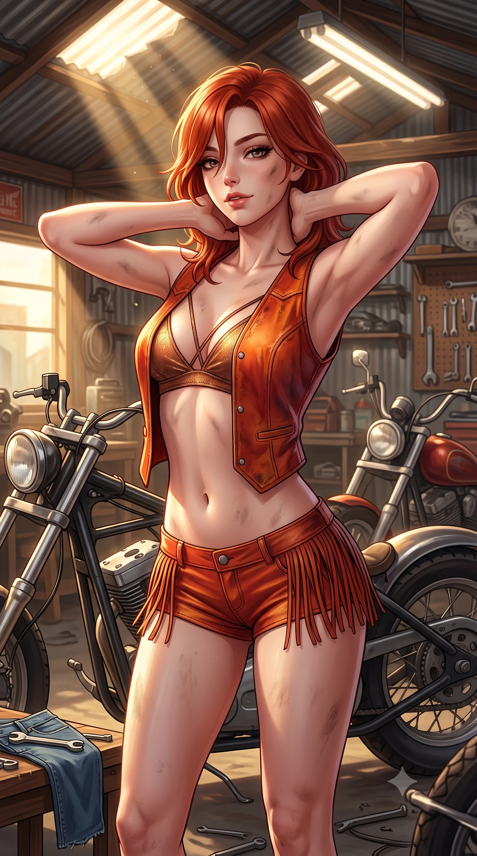 score_9, masterpiece, best quality, ultra-detailed, high-budget anime keyframe, semi-realistic 3D game render, editorial fashion photography, tasteful artistic composition, Korean woman. close-up cowboy shot from the waist and thighs up, the character dominates the composition, filling the frame with her large presence. resting both hands lightly behind her neck with elbows raised, arching her spine to highlight her narrow waist, flat midriff, and breathtaking collarbones while standing poised between disassembled motorcycle frames with hips cocked back, looking over a bare shoulder with an irresistible bedroom-smile. The surrounding environment is rendered in vivid detail and crisp panoramic clarity: detailed cut-off denim texture, subtle smudge on skin, and authentic workshop craftsmanship in high resolution. She has an exceptionally elegant, slender, and willowy female figure with an ultra-slim waist, flat toned midriff, narrow ribcage, and sculpted feminine hips creating an alluring, slim hourglass silhouette without bulk. sharp v-shaped jawline, high-bridge nose, sparkling eyes with hypnotic seductive depth, thick curled eyelashes, glossy parted lips with a natural dewy peach sheen, alluring bedroom-eyes with an enchanting coquettish smile, exuding magnetic siren charisma and sophisticated glamour, flawlessly proportioned anatomical accuracy, strict slender model proportions, natural body alignment, perfectly sculpted long slender limbs, ultra-slim waistline, clean dynamic posture without body distortion. wearing a form-contouring distressed leather vest worn open over a strappy micro-bralette and low-rise leather hot-pants in blazing desert sunset orange and deep canyon crimson, woven from stretch metallic lurex jersey casting radiant starlight glints across her silhouette, finished with a delicate leather fringe trim fluttering along her hip line with kinetic charm, the second-skin tailored fabric adhering flawlessly to her sculpted flat midriff and slender torso, emphasizing her long leg lines and perfectly proportioned willowy build. bathed in dramatic shafts of golden afternoon sunlight cutting through corrugated roof cracks. highly saturated vibrant anime colors, detailed shading with soft gradients, rich glossy textures, high-contrast stereoscopic depth, volumetric dynamic lighting, master piece, 9:16 ratio