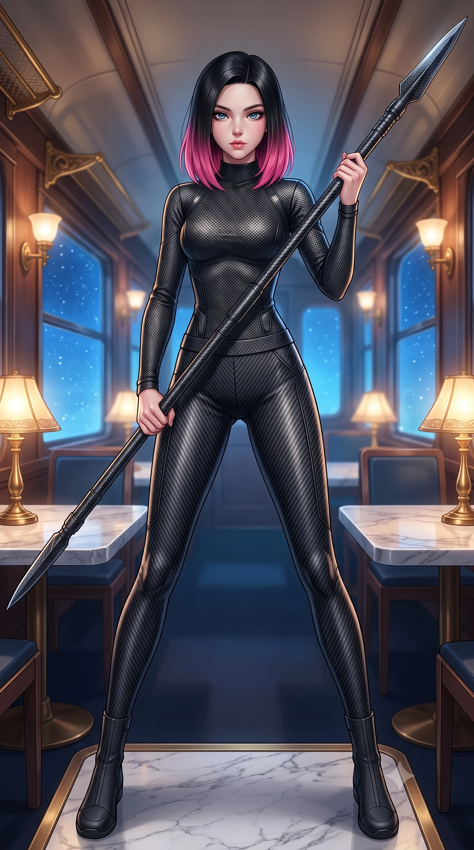 score_9, masterpiece, best quality, ultra-detailed, high-budget anime keyframe, editorial fashion photography, tasteful artistic composition, Korean woman. low angle full-body shot from head to toe showing her feet, filling the entire 9:16 vertical frame with her statuesque presence, stretching her vertical silhouette. standing in a dynamic combat stance with a carbon-fiber spear held diagonally, stretching her statuesque body, the background shows a soft-focus a train dining car with marble tables, brass lamps, and large windows. She has an absolutely perfect, statuesque 8.5-heads proportion, an exceptionally tall and slender model-like female figure with impossibly long slender legs and an ultra-slim waist. sharp v-shaped jawline, high-bridge nose, intricate jewel-like eyes with depth, thick eyelashes, glossy lips with a natural sheen. wearing a tailored body-hugging carbon-mesh mock-neck top paired with tight-fitting carbon-fiber leggings. warm glowing table lamps contrasting with cool blue starlight outside. highly saturated vibrant anime colors, detailed shading with soft gradients, rich glossy textures, high-contrast stereoscopic depth, volumetric dynamic lighting, master piece, 9:16 ratio