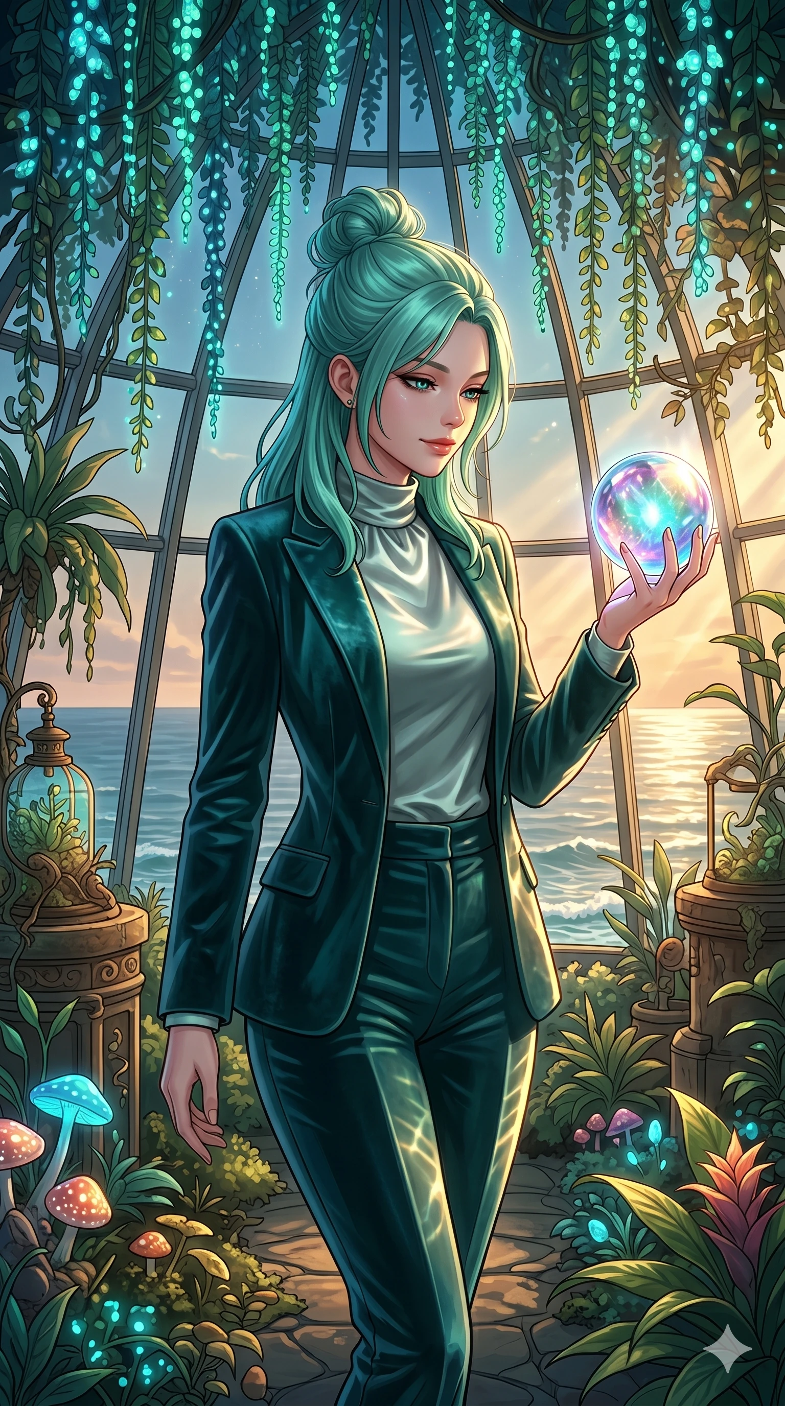 score_9, masterpiece, best quality, ultra-detailed, high-budget anime keyframe, editorial fashion photography, tasteful artistic composition, Japanese woman. cowboy shot from the thighs up, character and outfit filling the frame for maximum editorial presence. holding a floating glowing crystal sphere in her hand, looking down with a serene and powerful smile in a botanical dome under a canopy of bioluminescent hanging vines (Code-P17-017). She has an absolutely perfect 8-heads proportion, an exceptionally tall and slender female figure with impossibly long slender legs and an ultra-slim waist. V-shaped jawline, high-bridge nose, intricate jewel-like eyes with depth, thick eyelashes, glossy lips with a natural sheen. wearing a tailored velvet blazer with matching trousers and a high-neck satin shirt. warm golden afternoon sunbeams reflecting off the ocean wave ripples, dancing across her skin. 2k, ultra detail, master piece, 9:16 ratio