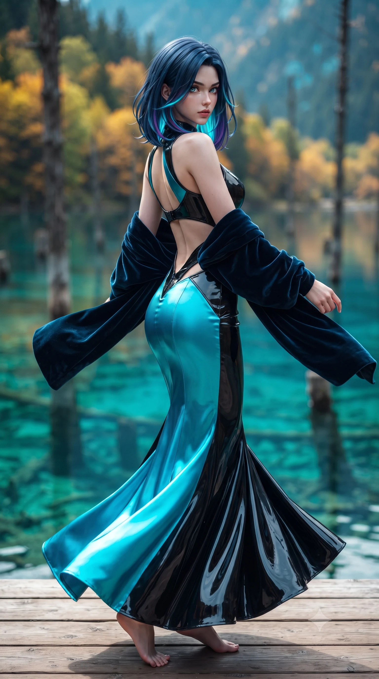 score_9, masterpiece, best quality, ultra-detailed, high-budget anime keyframe, editorial fashion photography, tasteful artistic composition, Caucasian woman. low angle full-body shot from head to toe showing her feet, filling the entire 9:16 vertical frame with her statuesque presence, stretching her vertical silhouette. executing an elegant mid-motion pivot turn as garments swirl around her slender limbs, glancing over her shoulder with an intoxicating bedroom-gaze while standing on the wooden lake viewing pier, arching her back as ancient submerged tree trunks lie crystal-clear through multi-hued cyan waters. The composition keeps background elements in soft focus with creamy bokeh. multi-hued lake waters shifting from turquoise to emerald and fiery autumn mountain forests blurred into gold, amber, and cyan bokeh. She has an exceptionally tall and slender model-like 8.5-heads proportion, an ultra-slim waist, a flat toned midriff, narrow delicate ribcage, and beautifully sculpted feminine hips creating a graceful, slim hourglass silhouette without any bulky heaviness, with impossibly long slender legs. sharp v-shaped jawline, high-bridge nose, intricate jewel-like eyes with depth, thick eyelashes, glossy parted lips with a natural sheen, intensely captivating and seductive bedroom-eyes expression, flawlessly proportioned anatomical accuracy, strict slender model proportions, natural body alignment, perfectly sculpted long slender limbs, ultra-slim waistline, clean dynamic posture without body distortion. wearing a sculptured liquid-satin mermaid gown with an architectural open-waist cutout and bare spine in neon electric cyan and lacquer black, made of fluid silk crepe with delicate inner corsetry boning, complemented by a plush velvet shawl draped loosely over her elbows, the second-skin form-contouring cut accentuating her sculpted flat midriff, narrow delicate ribcage, and gracefully curvy hips with supermodel precision. illuminated by luminous turquoise lake surface reflections accentuating her sculpted midriff, narrow waist, and curvy hips. ultra-reflective glossy finish, specular highlights, rich textural contrasts, high-contrast stereoscopic depth, volumetric dynamic lighting, 2k, ultra detail, master piece, 9:16 ratio