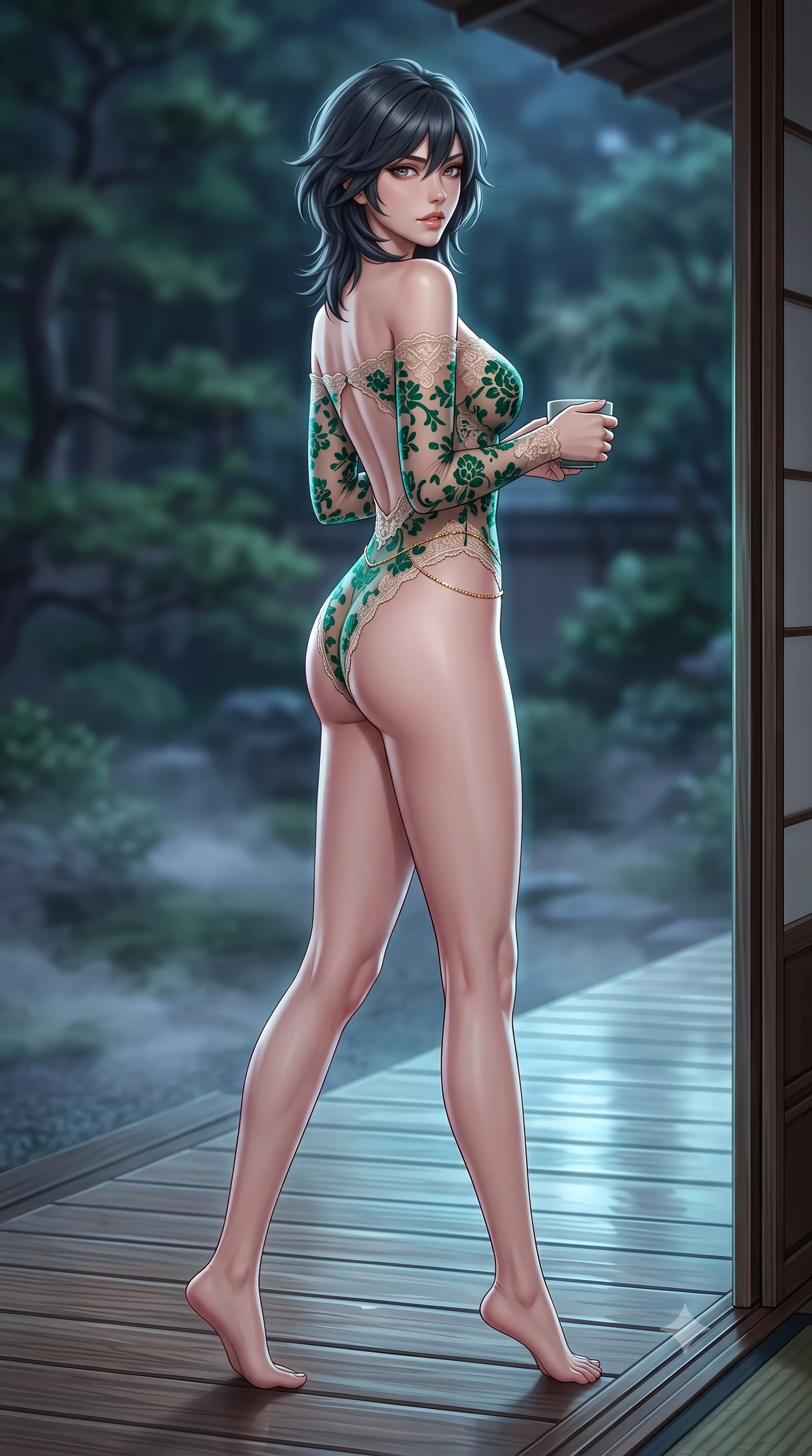 score_9, masterpiece, best quality, ultra-detailed, high-budget anime keyframe, semi-realistic 3D game render, editorial fashion photography, tasteful artistic composition, Caucasian woman. low angle full-body shot from head to toe showing her feet, filling the entire 9:16 vertical frame with her statuesque presence, stretching her vertical silhouette. walking along the terrace with poise, looking back over her bare shoulder with an irresistible smoldering bedroom-gaze while sitting gracefully on the cedar walkway threshold with legs extended, holding a modern ceramic tea cup with an alluring, parted-lip smile. The background shows a soft-focus swirling night mist on forest floor softened in mystical Japanese garden shallow focus. She has an absolutely perfect, statuesque 8.5-heads proportion, an exceptionally tall and slender model-like female figure with impossibly long slender legs, an ultra-slim waist, a flat toned midriff, narrow delicate ribcage, and beautifully sculpted feminine hips creating a graceful, slim hourglass silhouette without any bulky heaviness. sharp v-shaped jawline, high-bridge nose, sparkling eyes with hypnotic seductive depth, thick curled eyelashes, glossy parted lips with a natural dewy peach sheen, alluring bedroom-eyes with an enchanting coquettish smile, exuding magnetic siren charisma and sophisticated glamour, flawlessly proportioned anatomical accuracy, strict slender model proportions, natural body alignment, perfectly sculpted long slender limbs, ultra-slim waistline, clean dynamic posture without body distortion. wearing an off-the-shoulder sheer-illusion mesh bodysuit with strategic floral flocking and high-cut leg openings in Monaco casino emerald and royal champagne, made of delicate semi-sheer French Chantilly lace with intricate eyelash edges, accented with a dainty gold belly chain resting across her flat midriff and curving hips, the precision-cut side openings and low-back scoop framing her graceful spine and the sensual sweep of her slim, toned hips. illuminated by glass walkway reflection bounce and sharp jade-platinum rim lights defining her razor-sharp jawline, narrow waist, and curvy hips. highly saturated vibrant anime colors, detailed shading with soft gradients, rich glossy textures, high-contrast stereoscopic depth, volumetric dynamic lighting, master piece, 9:16 ratio