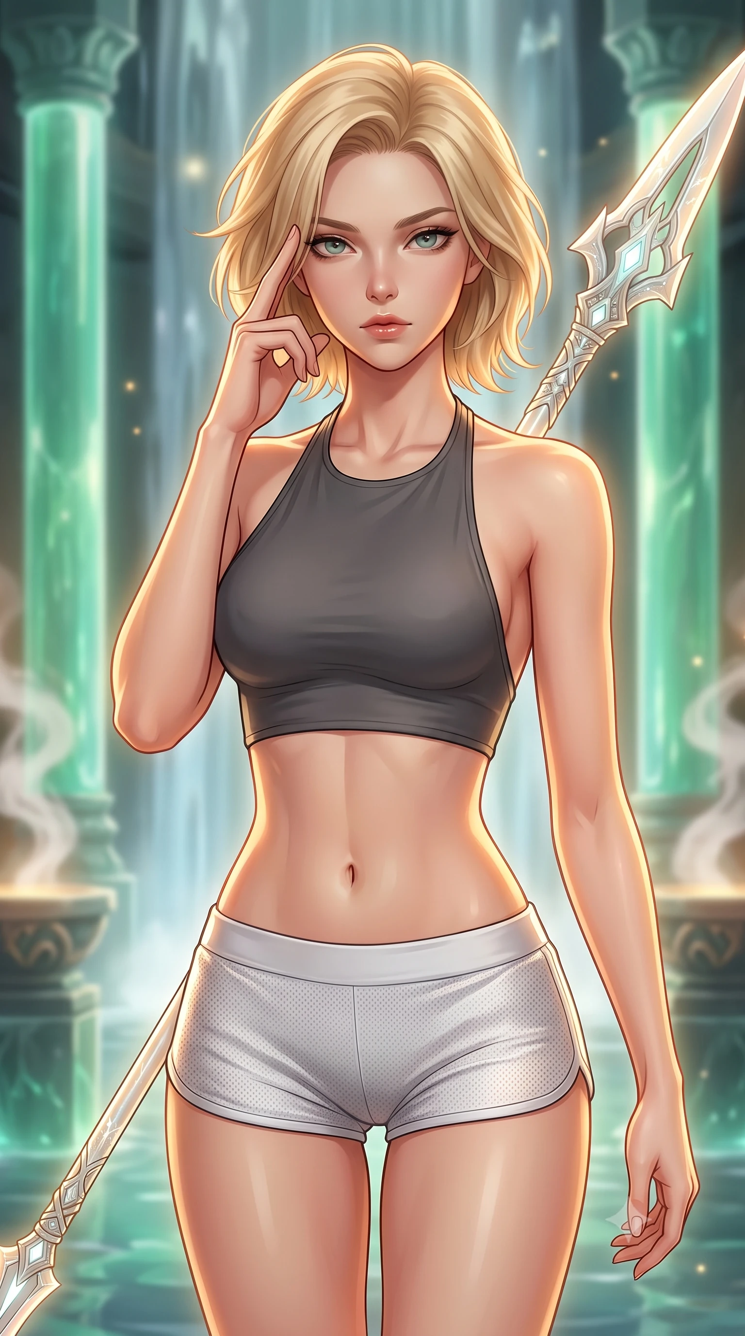 score_9, masterpiece, best quality, ultra-detailed, high-budget anime keyframe, editorial fashion photography, tasteful artistic composition, Caucasian woman. close-up cowboy shot from the waist and thighs up, the character dominates the composition, filling the frame with her large presence, background elements kept in soft focus. pressing two fingers to her temple while holding a light-spear diagonally behind her in a composed thoughtful gesture, the background shows a soft-focus a waterfall sanctuary chamber with translucent jade pillars and steam vents. She has an exceptionally elegant, slender, and willowy female figure with an ultra-slim waist, a gracefully sculpted slender torso, and a refined silhouette. sharp v-shaped jawline, high-bridge nose, intricate jewel-like eyes with depth, thick eyelashes, glossy lips with a natural sheen. wearing a form-contouring backless combat halter top in charcoal grey, paired with white carbon-mesh micro-shorts. low-contrast, soft warm ambient uplight casting a peaceful, gold glow. highly saturated vibrant anime colors, detailed shading with soft gradients, rich glossy textures, high-contrast stereoscopic depth, volumetric dynamic lighting, master piece, 9:16 ratio