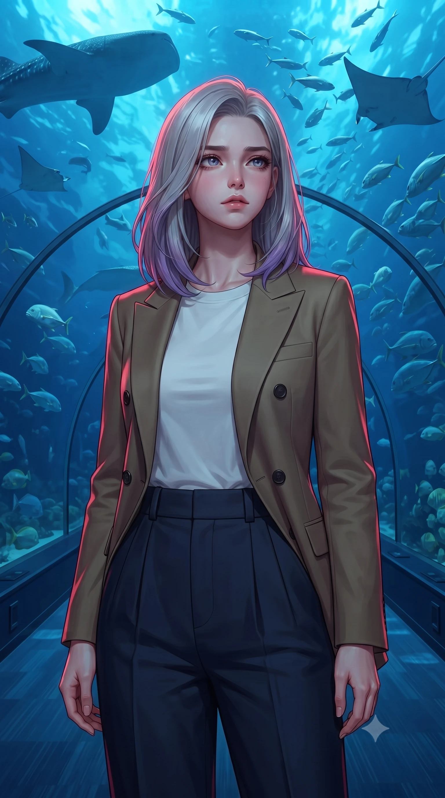 score_9, masterpiece, best quality, ultra-detailed, high-budget anime keyframe, editorial fashion photography, tasteful artistic composition, Caucasian woman, strictly human ears. close-up cowboy shot from the waist and thighs up, the character dominates the composition, filling the frame with her large presence, background elements kept in soft focus. Gazing into the distance with a wistful melancholic expression and softly glowing eyes. set against a soft-focus background of walking through a transparent acrylic tunnel in a massive deep-ocean aquarium with whale sharks manta rays and schools of tropical fish gliding silently overhead and on all sides in dark blue water. She has an exceptionally elegant and slender, willowy female figure with an ultra-slim waist, a gracefully sculpted slender torso, and a refined slim physique. sharp v-shaped jawline, high-bridge nose, intricate jewel-like eyes with depth, thick eyelashes, glossy lips with a natural sheen. wearing a double-breasted khaki blazer over a white crew-neck tee and high-waisted navy pleated trousers. deep crimson theatrical lighting with sharp specular highlights on every curve. 2k, ultra detail, master piece, 9:16 ratio