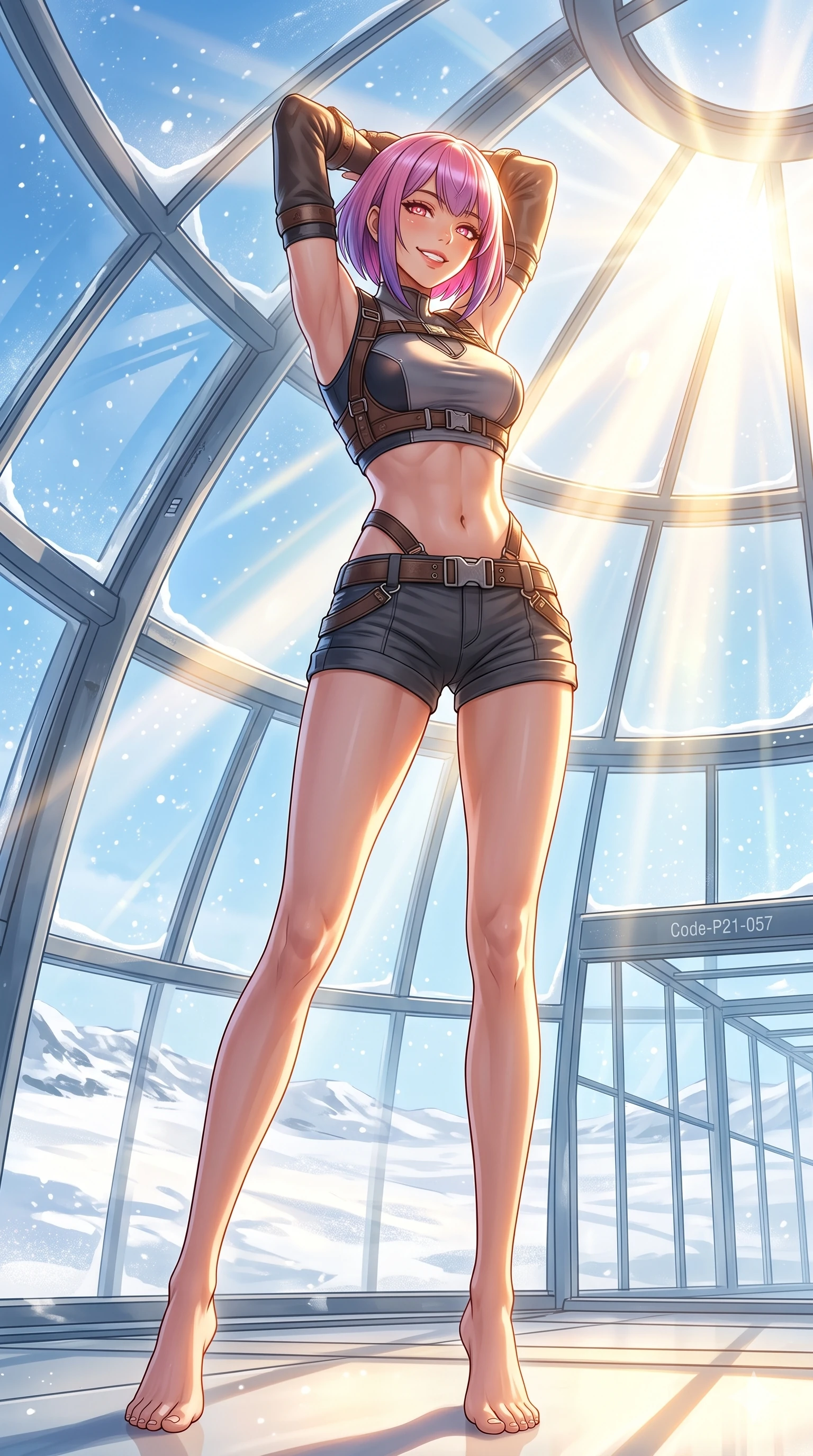 score_9, masterpiece, best quality, ultra-detailed, high-budget anime keyframe, vibrant anime aesthetic, Caucasian woman, strictly human ears. low angle full-body shot from head to toe showing her feet, filling the entire 9:16 vertical frame with her statuesque presence, stretching her vertical silhouette. She is posing with a warm, sensual smile, her eyes glowing with lively winter energy inside a modern architectural glass dome overlooking the snow (Code-P21-057). She has an absolutely perfect 8-heads proportion, an exceptionally tall and slender female figure with impossibly long slender legs and an ultra-slim waist. V-shaped jawline, high-bridge nose, intricate jewel-like eyes with depth, thick eyelashes, glossy lips with a natural sheen. wearing a harness over a crop top exposing her bare midriff and micro-shorts in the snow. She is illuminated by a brilliant midday winter sun, highlighting her athletic figure and smile. 2k, ultra detail, master piece, 9:16 ratio