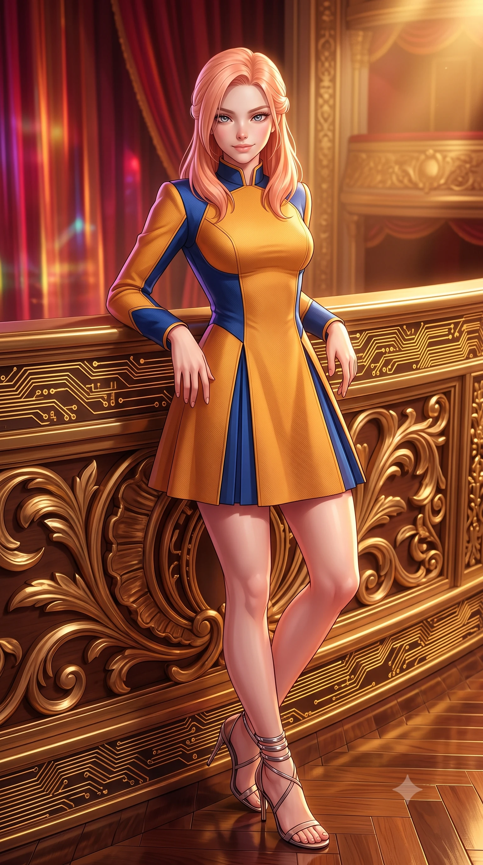 score_9, masterpiece, best quality, ultra-detailed, high-budget anime keyframe, semi-realistic 3D game render, editorial fashion photography, tasteful artistic composition, Japanese woman. close-up cowboy shot from the waist and thighs up, the character dominates the composition, filling the frame with her large presence. tilting her head with a teasing half-smile, running one hand slowly down the side of her hip in a flirtatious S-curve as ambient light caresses her silhouette while leaning against the gold-filigree cybernetic opera box balustrade with hips cocked back, gazing down at the holographic orchestra pit with smoldering bedroom-eyes. The surrounding environment is rendered in vivid detail and crisp panoramic clarity: sharp hand-carved gilded wood reliefs, pulsing gold micro-circuitry inlays, and polished stage parquet reflections in deep focus. She has an exceptionally elegant, slender, and willowy female figure with an ultra-slim waist, flat toned midriff, narrow ribcage, and sculpted feminine hips creating an alluring, slim hourglass silhouette without bulk. sharp v-shaped jawline, high-bridge nose, intricate jewel-like sparkling eyes with depth, thick eyelashes, glossy parted lips with a natural peach sheen, bright cheerful beaming smile with an enchanting and coquettish sensual glint, exuding both youthful cute charm and seductive allure, flawlessly proportioned anatomical accuracy, strict slender model proportions, natural body alignment, perfectly sculpted long slender limbs, ultra-slim waistline, clean dynamic posture without body distortion. wearing a structured deep-space commander dress uniform with stand-up mandarin collar and pleated A-line skirt in Jovian amber and electric storm cobalt, tailored from high-density tech-wool with subtle metallic thread weave, complemented by strappy stiletto sandals with metallic ankle wraps accentuating her slender calves, the bespoke structured tailoring following the natural line of her 8.5-heads silhouette with refined elegance. bathed in warm 2600K golden spotlight radiance combined with ruby and amber holographic curtain glow. highly saturated vibrant anime colors, detailed shading with soft gradients, rich glossy textures, high-contrast stereoscopic depth, volumetric dynamic lighting, master piece, 9:16 ratio