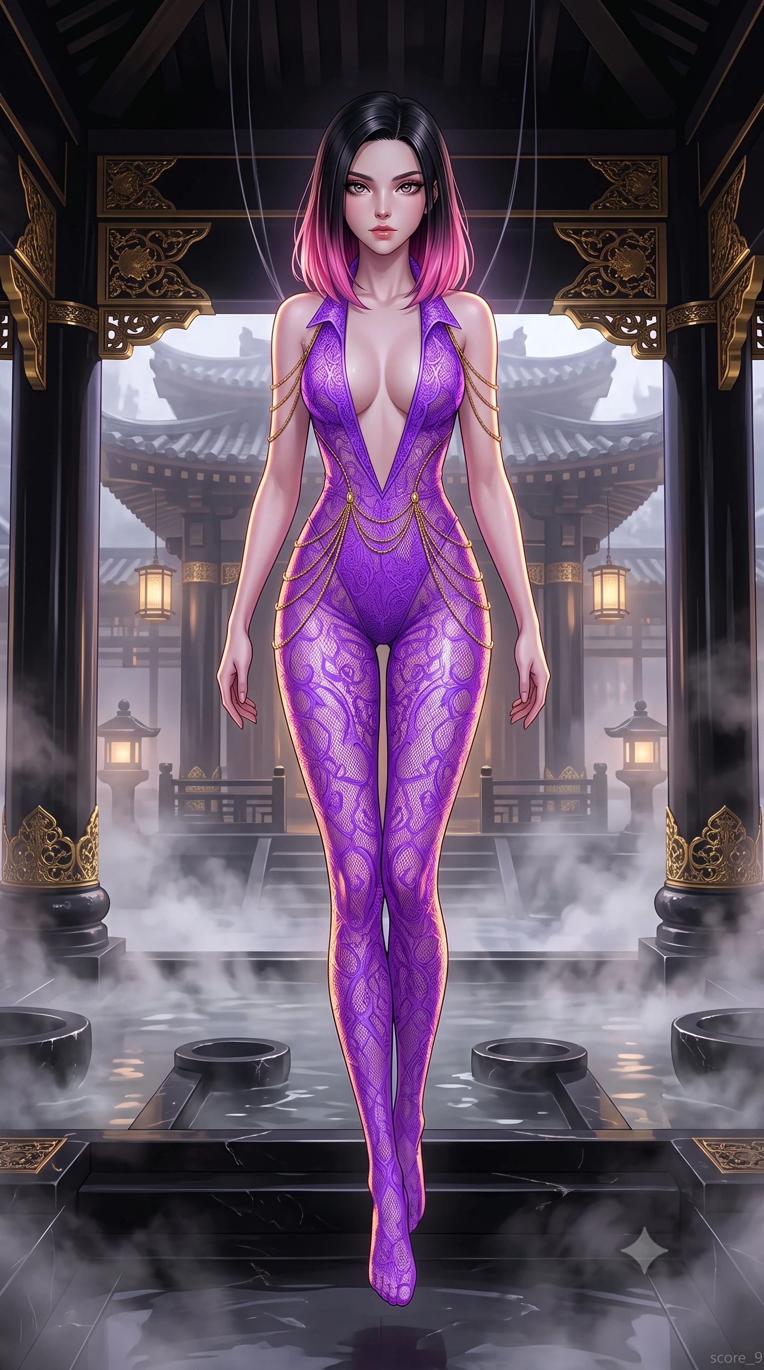 score_9, masterpiece, best quality, ultra-detailed, High-budget Anime Keyframe, East Asian woman. Dynamic full-body shot stretching the vertical silhouette to the limit. Scenario 510: suspended by invisible silk threads inside a steam-filled bathhouse built of black obsidian stone and gold accents. Her presence is magnetic and overpowering in this high-budget anime scene. Outfit 510: a body-hugging neon violet micro-mesh lace jumpsuit featuring an elegant plunging collar and fine gold chains. The clothing is designed to emphasize her exceptionally tall and slender 8-heads proportion. 8-heads proportion, towering silhouette, ultra-slim waist. sharp v-shaped jawline, intricate jewel-like eyes with depth, thick eyelashes, glossy lips. 2k, ultra detail, master piece, 9:16 ratio