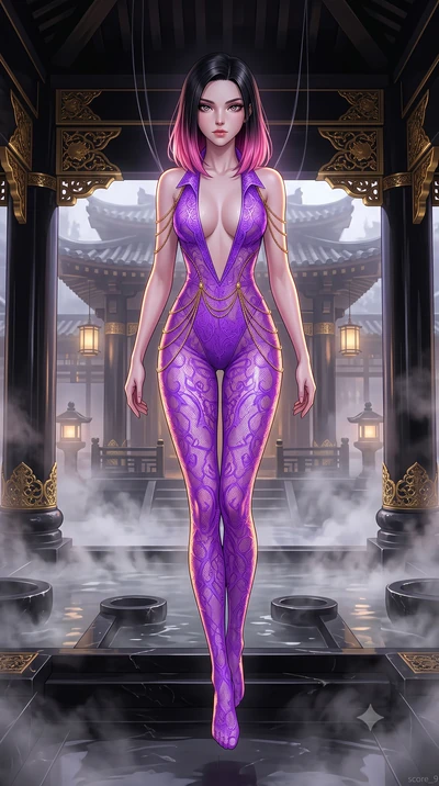 score_9, masterpiece, best quality, ultra-detailed, High-budget Anime Keyframe, East Asian woman. Dynamic full-body shot stretching the vertical silhouette to the limit. Scenario 510: suspended by invisible silk threads inside a steam-filled bathhous