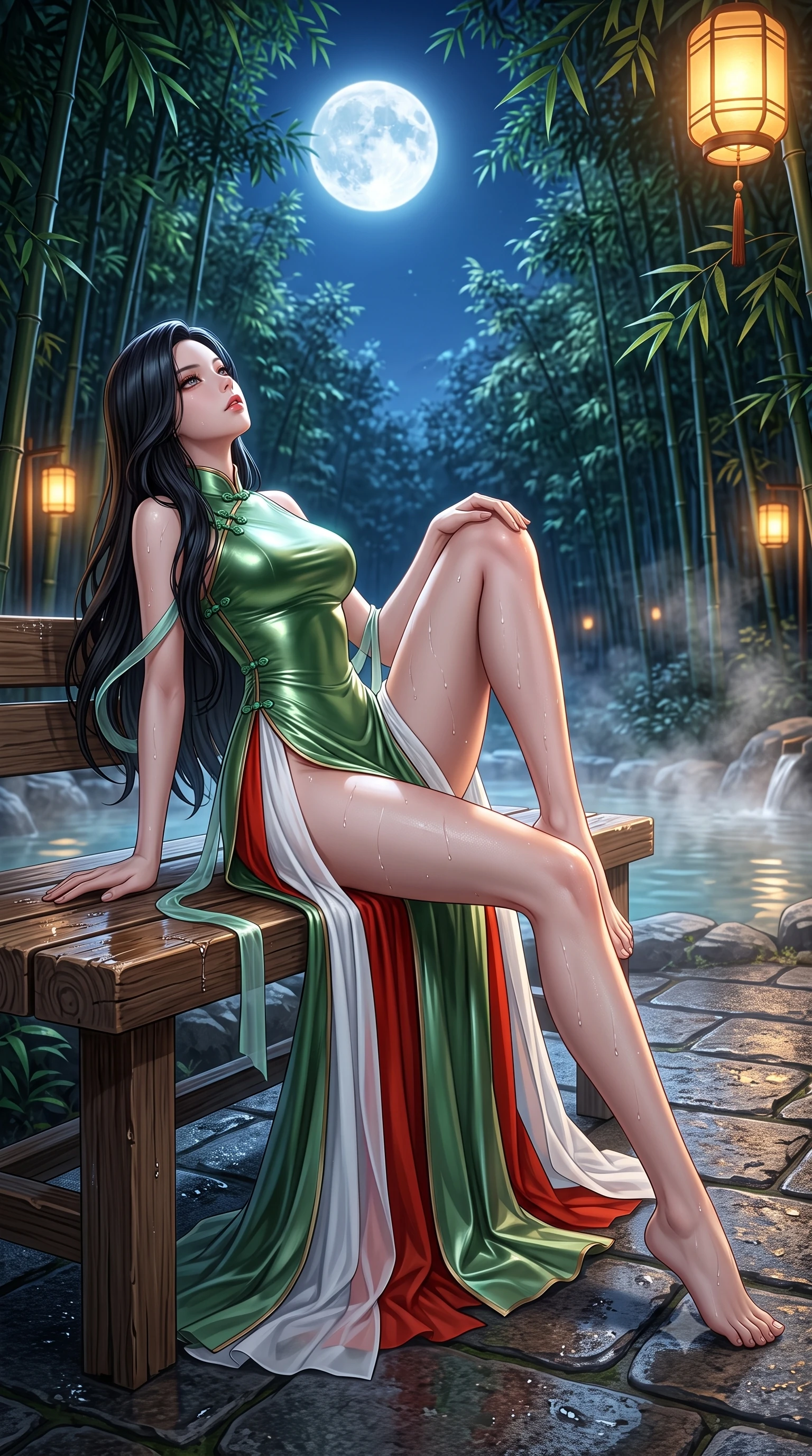 score_9, masterpiece, best quality, ultra-detailed, high-budget anime keyframe, semi-realistic 3D game render, editorial fashion photography, tasteful artistic composition, Korean woman. low angle full-body shot from head to toe showing her feet, filling the entire 9:16 vertical frame with her statuesque presence, stretching her vertical silhouette. reclining on her side in an elegant Cleopatra pose with one knee drawn up, the dramatic contour of her rounded hips and long slender legs commanding the 9:16 vertical frame while reclining on the cedar bench with legs extended toward the warm water, head tilted back toward the full moon with smoldering bedroom-eyes. The surrounding environment is rendered in vivid detail and crisp panoramic clarity. sharp wet hinoki wood grain, distinct water droplet tracks on skin, and bamboo leaf venation in deep focus. She has an absolutely perfect, statuesque 8.5-heads proportion, an exceptionally tall and slender model-like female figure with impossibly long slender legs, a toned flat midriff, an ultra-slim waist, and beautifully sculpted feminine hips. sharp v-shaped jawline, high-bridge nose, intricate jewel-like eyes with depth, thick eyelashes, glossy parted lips with a natural sheen, intensely captivating and seductive bedroom-eyes expression, flawlessly proportioned anatomical accuracy, strict slender model proportions, natural body alignment, perfectly sculpted long slender limbs, ultra-slim waistline, clean dynamic posture without body distortion. wearing a liquid metallic bamboo-green gown with open side slits ascending to the high hip in pure snow white and vermilion red, tailored from crisp ceremonial cotton and multi-layered translucent chiffon, finished with genuine jade button closures and floating celestial silk ribbons, the form-contouring material adhering flawlessly to her sculpted flat midriff and slender torso, emphasizing her long leg lines and perfectly proportioned willowy build. bathed in cool silver full-moon light streaming through the bamboo canopy and warm amber lantern downlights. highly saturated vibrant anime colors, detailed shading with soft gradients, rich glossy textures, high-contrast stereoscopic depth, volumetric dynamic lighting, master piece, 9:16 ratio