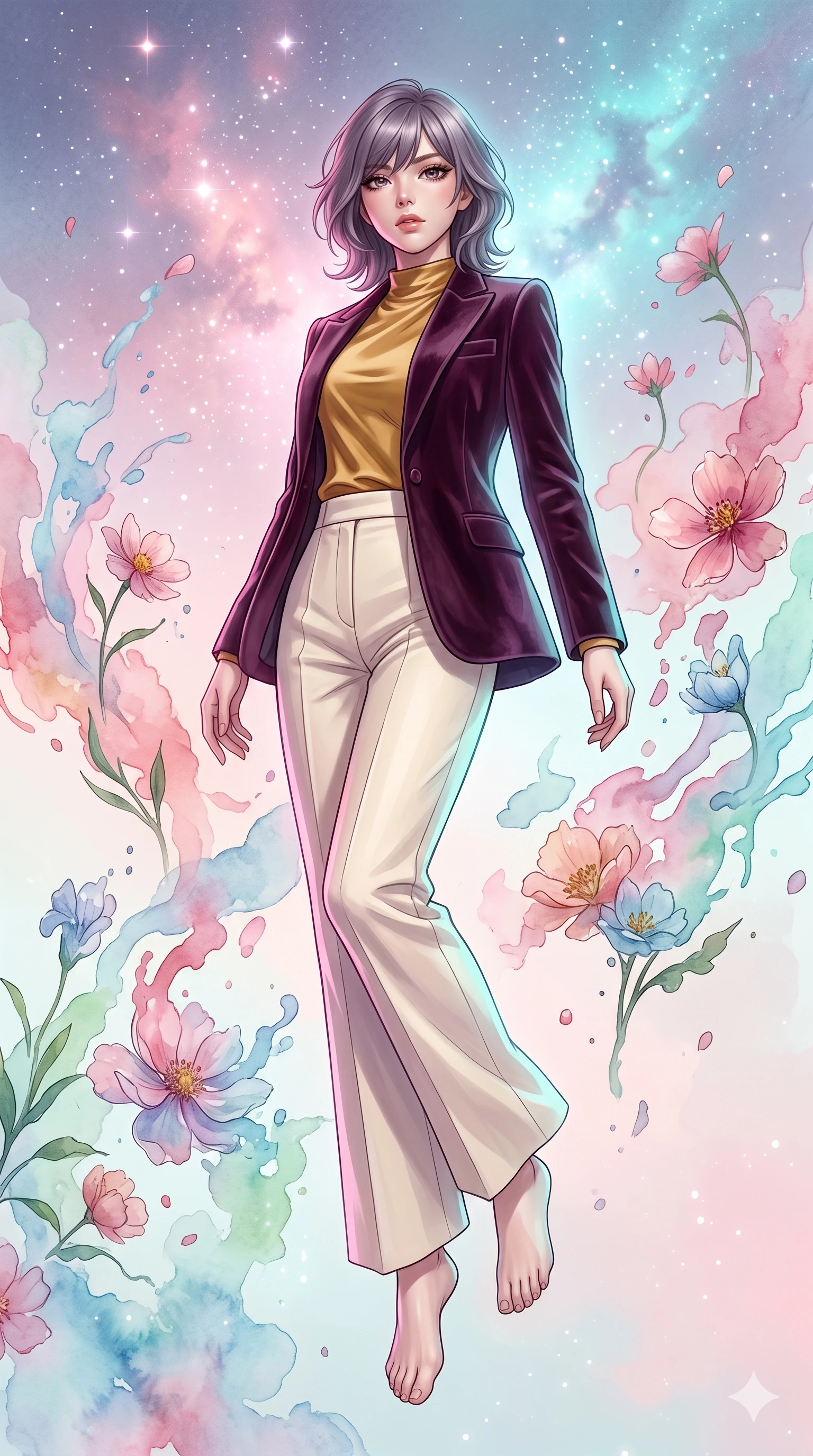 score_9, masterpiece, best quality, ultra-detailed, high-budget anime keyframe, editorial fashion photography, tasteful artistic composition, Japanese woman. low angle full-body shot from head to toe showing her feet, filling the entire 9:16 vertical frame with her statuesque presence, stretching her vertical silhouette. floating with ethereal lightness within a dreamlike garden where watercolor paint flows in real-time through the air, flowers dissolving into liquid pigment strokes that drift and bloom in pastel washes of rose, cerulean, and mint. She has a statuesque 8.5-heads proportion, an exceptionally tall, slender and willowy model-like build with impossibly long legs and a highly sculpted ultra-slim waist. sharp v-shaped jawline, high-bridge nose, intricate jewel-like eyes with depth, thick eyelashes, glossy lips with a natural sheen. wearing a luxurious plum velvet blazer over a golden mustard satin mock-neck top and cream tailored wide-leg trousers. starlight and nebula glow casting soft cosmic pink and cyan highlights on her form. 2k, ultra detail, master piece, 9:16 ratio