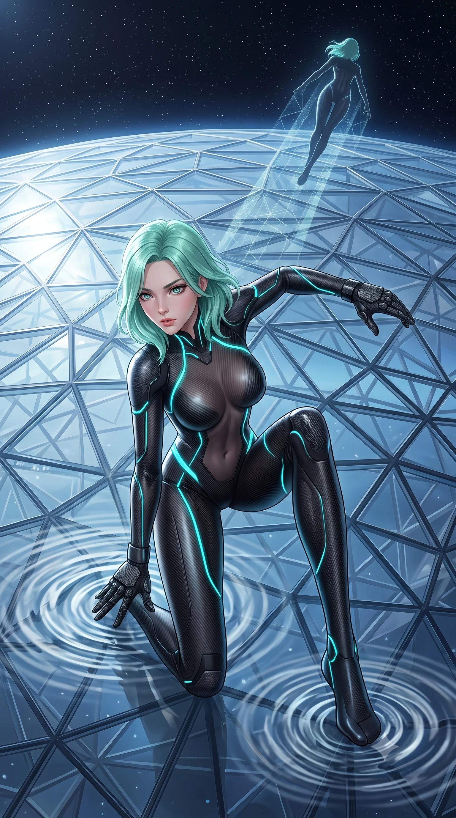 score_9, masterpiece, best quality, ultra-detailed, high-budget anime keyframe, semi-realistic 3D game render, editorial fashion photography, tasteful artistic composition, Japanese woman. low angle full-body shot from head to toe showing her feet, filling the entire 9:16 vertical frame with her statuesque presence, stretching her vertical silhouette. landing gracefully from a high-altitude leap on one knee and palm, her statuesque silhouette framed by radial shockwave ripples in the ground while launching off the transparent glass dome wall with supersonic speed, leaving a faint geometric data trail behind her silhouette. The surrounding environment is rendered in vivid detail and crisp panoramic clarity. detailed glass dome geometric lattices, zero-G particle distortion ripples, and starry void in high clarity. She has an absolutely perfect, statuesque 8.5-heads proportion, an exceptionally tall and slender model-like female figure with impossibly long slender legs, a toned flat midriff, and an ultra-slim waist. sharp v-shaped jawline, high-bridge nose, intricate jewel-like eyes with depth, thick eyelashes, glossy lips with a natural sheen, flawlessly proportioned anatomical accuracy, strict slender model proportions, natural body alignment, perfectly sculpted long slender limbs, ultra-slim waistline, clean dynamic posture without body distortion. wearing a high-mobility matte-black carbon-fiber combat bodysuit with glowing neon cyan kinetic conduits and Damascus-textured knuckle guards in matte obsidian carbon black with electric cyan conduits, crafted from semi-translucent cybernetic carbon-vinyl interwoven with glowing micro-filaments, accented with glowing fiber-optic conduits tracing her collarbones and hip curves, the form-contouring material adhering flawlessly to her sculpted flat midriff and slender torso, emphasizing her long leg lines and perfectly proportioned willowy build. bathed in dazzling natural orbital sunlight and rich blue planetary ambient bounce light. rich saturated anime colors with glowing neon highlights, detailed shading with soft gradients, rich glossy textures, high-contrast stereoscopic depth, volumetric dynamic lighting, master piece, 9:16 ratio