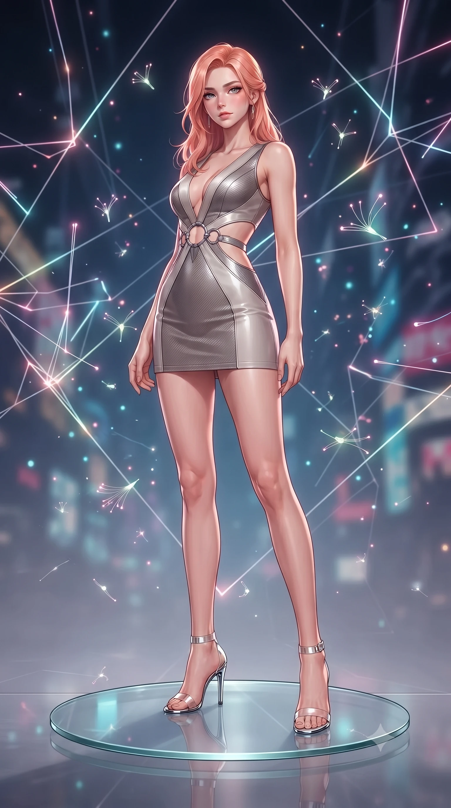 score_9, masterpiece, best quality, ultra-detailed, high-budget anime keyframe, editorial fashion photography, tasteful artistic composition, Japanese woman. low angle full-body shot from head to toe showing her feet, filling the entire 9:16 vertical frame with her statuesque presence, stretching her vertical silhouette. forging dynamically through the scene, her vertical silhouette beautifully stretched poised on a floating glass disk suspended inside a geometric light matrix, glowing fiber optic motes drifting like fireflies in the background. She has an absolutely perfect, statuesque 8.5-heads proportion, an exceptionally tall and slender model-like female figure with impossibly long slender legs and an ultra-slim waist. sharp v-shaped jawline, high-bridge nose, intricate jewel-like eyes with depth, thick eyelashes, glossy lips with a natural sheen. wearing a liquid mercury gloss mini dress with ultra-deep V-neck and waist cutouts in muted taupe and soft ivory, made of fine carbon-fiber weave and soft matte leather, accented with delicate chrome ring hardware framing her waist, the tailored fabric tightly following every curve of her athletic build. surrounded by a vibrant fluorescent aura with bright rim highlights. highly saturated vibrant anime colors, detailed shading with soft gradients, rich glossy textures, high-contrast stereoscopic depth, volumetric dynamic lighting, master piece, 9:16 ratio
