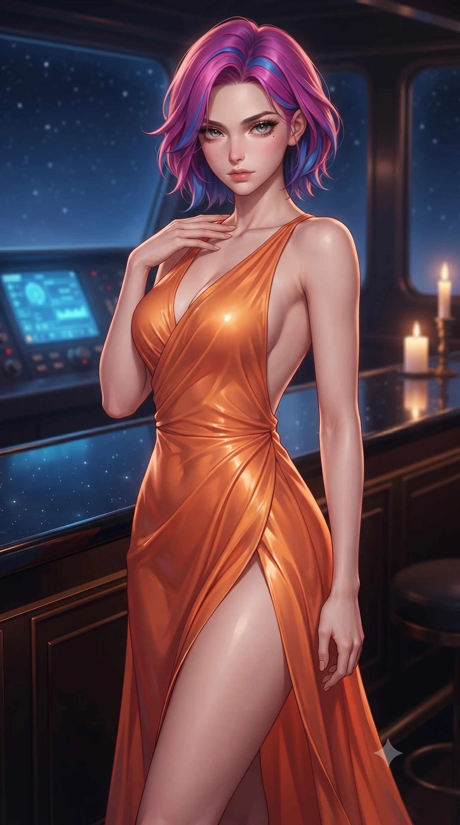 score_9, masterpiece, best quality, ultra-detailed, high-budget anime keyframe, editorial fashion photography, tasteful artistic composition, Caucasian woman. close-up cowboy shot from the waist and thighs up, the character dominates the composition, filling the frame with her large presence, background elements kept in soft focus. standing with one hand resting on her collarbone, looking at the viewer with bedroom-eyes the background shows a soft-focus a scenic train bar with a polished obsidian counter reflecting the starry night sky. She has an exceptionally elegant, slender, and willowy female figure with an ultra-slim waist, a gracefully sculpted slender torso, and a refined silhouette. sharp v-shaped jawline, high-bridge nose, intricate jewel-like eyes with depth, thick eyelashes, glossy lips with a natural sheen. wearing a body-hugging high-slit resort gown in sunset orange chiffon, featuring a daring thigh-slit and open back. soft ambient blue light from the dashboard contrasting with warm candlelight. ultra-reflective glossy finish, specular highlights, metallic sheen, high-contrast stereoscopic depth, volumetric dynamic lighting, 2k, ultra detail, master piece, 9:16 ratio