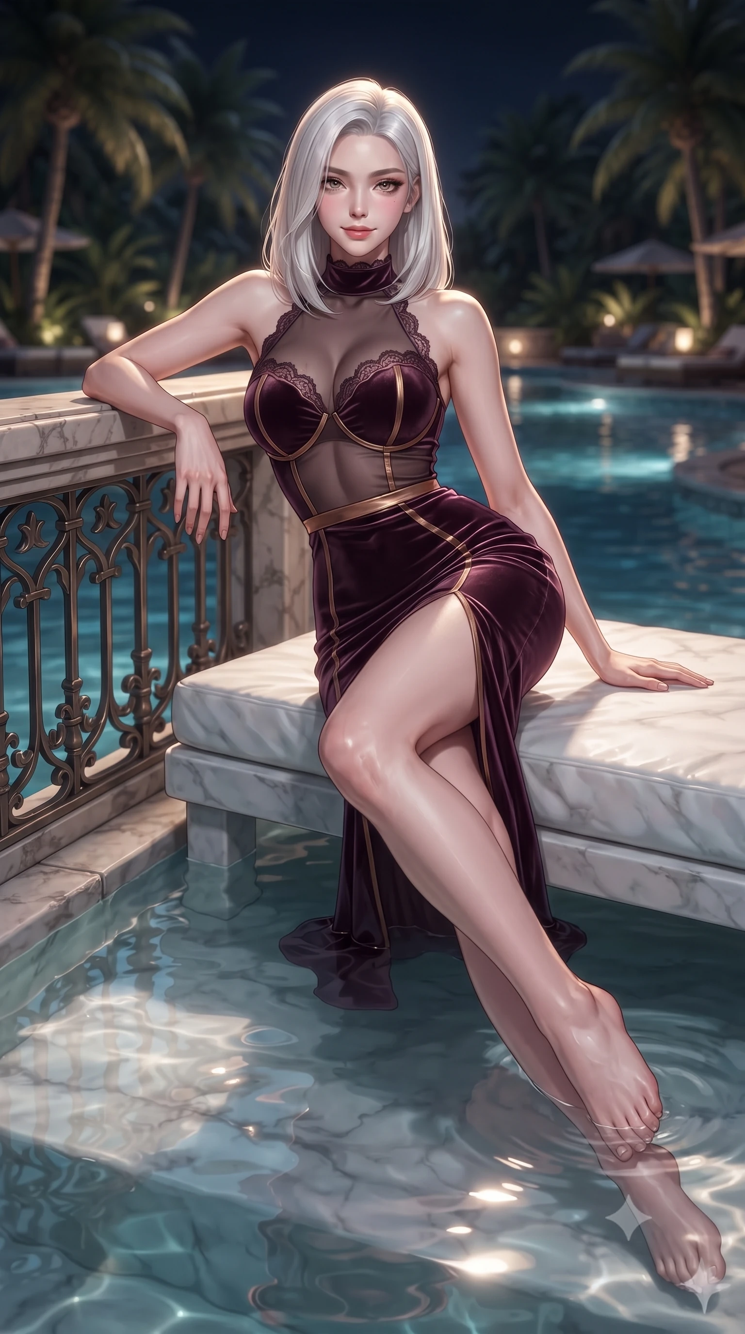 score_9, masterpiece, best quality, ultra-detailed, high-budget anime keyframe, editorial fashion photography, tasteful artistic composition, Korean woman. low angle full-body shot from head to toe showing her feet, filling the entire 9:16 vertical frame with her statuesque presence, stretching her vertical silhouette. leaning deep against the balcony balustrade with hips cocked back in an unapologetically alluring high-fashion stance, casting an intoxicating glance while lounging across the submerged white marble daybed with legs crossed, arching her lower back with sovereign desert oasis luxury. The background shows a soft-focus shallow pool water reflections softened in exotic nocturnal resort shallow focus. She has an absolutely perfect, statuesque 8.5-heads proportion, an exceptionally tall and slender model-like female figure with impossibly long slender legs, an ultra-slim waist, a flat toned midriff, narrow delicate ribcage, and beautifully sculpted feminine hips creating a graceful, slim hourglass silhouette without any bulky heaviness. sharp v-shaped jawline, high-bridge nose, sparkling eyes with hypnotic seductive depth, thick curled eyelashes, glossy parted lips with a natural dewy peach sheen, alluring bedroom-eyes with an enchanting coquettish smile, exuding magnetic siren charisma and sophisticated glamour, flawlessly proportioned anatomical accuracy, strict slender model proportions, natural body alignment, perfectly sculpted long slender limbs, ultra-slim waistline, clean dynamic posture without body distortion. wearing a provocative high-neck sheer illusion cocktail dress with liquid satin ribbons contouring her curves in rich dark plum violet and gilded bronze, tailored from ultra-plush velvet with rich tactile depth and deep shadow gradients, finished with scalloped eyelash lace trim framing her sweetheart neckline with intimate elegance, the form-contouring silhouette accentuating her sculpted flat midriff, narrow delicate ribcage, and gracefully curvy hips with intoxicating allure. illuminated by shallow pool reflection fill and sharp warm-gold rim lights sculpting her delicate clavicles, ultra-slim waist, and curvy hips. ultra-reflective glossy finish, specular highlights, rich textural contrasts, high-contrast stereoscopic depth, volumetric dynamic lighting, 2k, ultra detail, master piece, 9:16 ratio