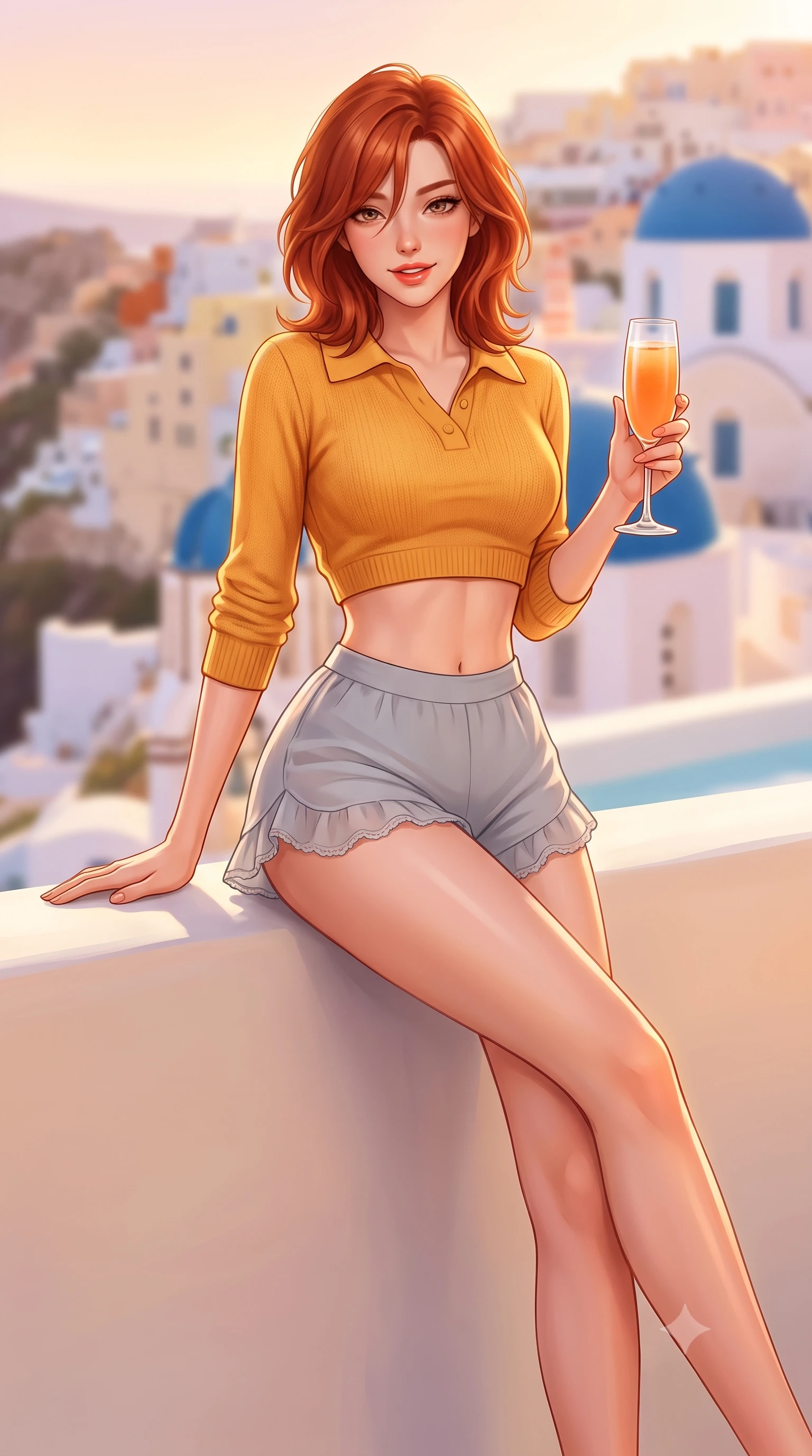 score_9, masterpiece, best quality, ultra-detailed, high-budget anime keyframe, semi-realistic 3D game render, editorial fashion photography, tasteful artistic composition, Korean woman. close-up cowboy shot from the waist and thighs up, the character dominates the composition, filling the frame with her large presence. twisting her slender torso in an alluring contrapposto stance, one hand resting on her sculpted hip while flashing a charming, playful smile with parted glossy lips while resting on the whitewashed pool ledge with legs crossed, holding an iced bellini while casting a teasing, confident gaze into the camera. The composition keeps background elements in soft focus with dreamy creamy bokeh. cascading whitewashed cliffside cave houses and distant blue church domes blurred into pastel peach, lavender, and champagne bokeh. She has an exceptionally elegant, slender, and willowy female figure with an ultra-slim waist, flat toned midriff, narrow ribcage, and sculpted feminine hips creating an alluring, slim hourglass silhouette without bulk. sharp v-shaped jawline, high-bridge nose, sparkling amber-hazel eyes with depth, long lush eyelashes, glossy sun-kissed lips with a warm coral glaze, radiant teasing smile with sensual sunlit bedroom-eyes, exuding effortless old-money elegance and intoxicating sun-drenched allure, flawlessly proportioned anatomical accuracy, strict slender model proportions, natural body alignment, perfectly sculpted long slender limbs, ultra-slim waistline, clean dynamic posture without body distortion. wearing a chic cropped knit polo sweater paired with high-cut tailored tennis shorts hugging her rounded hips in rich saffron amber and soft dove grey, tailored from airy semi-sheer chiffon that flutters gently in the evening breeze, finished with subtle ruffle trims and delicate scallop lace edging, the glove-like silhouette tightly following the natural contour of her hips and long slender legs with youthful 8.5-heads elegance. bathed in intense, glowing Mediterranean golden hour sunlight that bathes every surface in warm amber and gold. highly saturated vibrant anime colors, detailed shading with soft gradients, rich glossy textures, high-contrast stereoscopic depth, volumetric dynamic lighting, master piece, 9:16 ratio