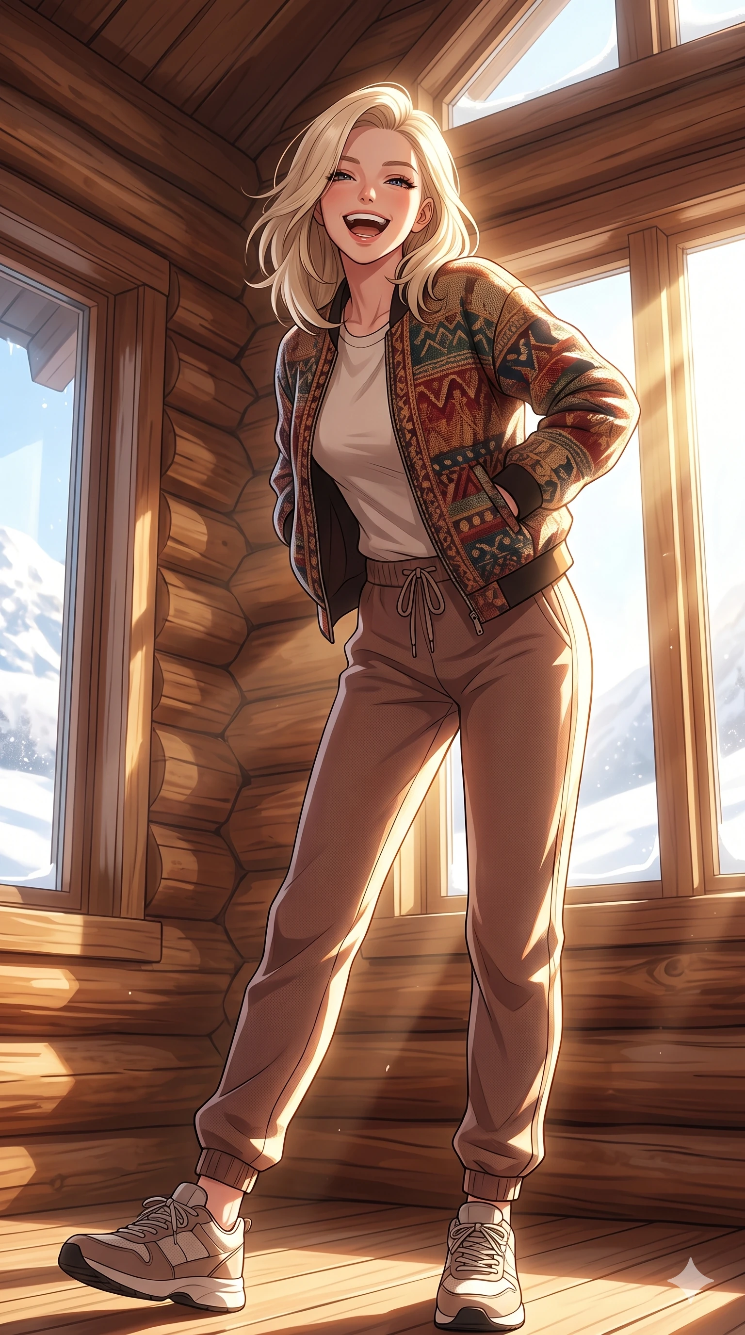 score_9, masterpiece, best quality, ultra-detailed, high-budget anime keyframe, vibrant anime aesthetic, Caucasian woman, strictly human ears. low angle full-body shot from head to toe showing her feet, filling the entire 9:16 vertical frame with her statuesque presence, stretching her vertical silhouette. She is leaning back with a cheerful laugh, looking directly into the camera lens in winter inside a cozy log cabin room with windows showing a sunny snowfield (Code-P21-029). She has an absolutely perfect 8-heads proportion, an exceptionally tall and slender female figure with impossibly long slender legs and an ultra-slim waist. V-shaped jawline, high-bridge nose, intricate jewel-like eyes with depth, thick eyelashes, glossy lips with a natural sheen. wearing a designer bomber jacket over a cotton shirt and track pants. She is bathed in brilliant midday winter sunbeams, casting sharp highlights that outline her slim waist. 2k, ultra detail, master piece, 9:16 ratio
