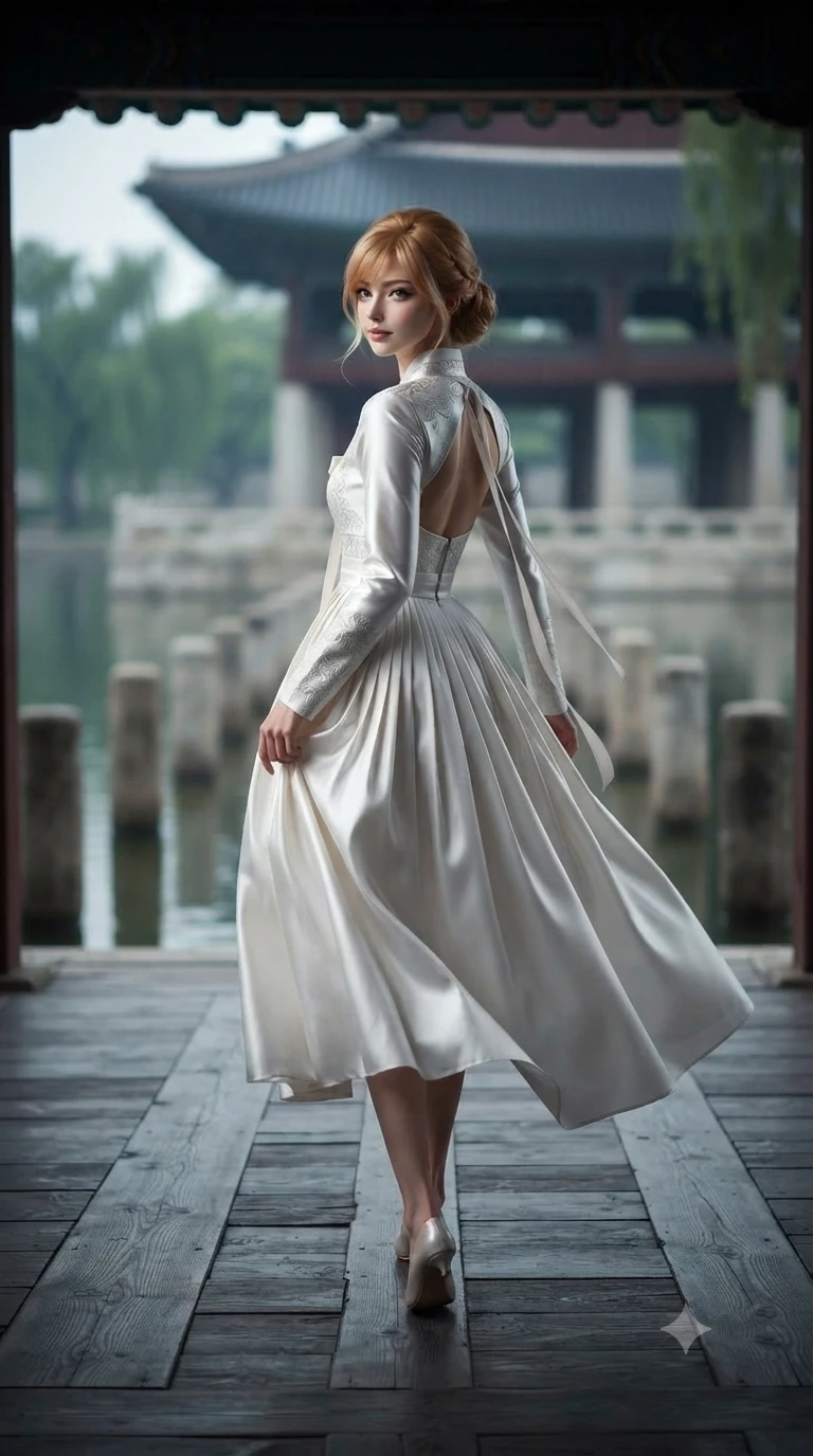 score_9, masterpiece, best quality, ultra-detailed, high-budget anime keyframe, editorial fashion photography, tasteful artistic composition, Caucasian woman. low angle full-body shot from head to toe showing her feet, filling the entire 9:16 vertical frame with her statuesque presence, stretching her vertical silhouette. executing a slow, graceful pivot turn as her silk wrap skirt sways around her slender legs, glancing back with an enchanting, teasing sensual expression while walking slowly down the grand wooden pavilion deck with regal dark elegance, hips swaying in an alluring supermodel rhythm. The background shows a soft-focus dozens of stone columns rising from the lake, curved palace eaves, and distant weeping willows blurred into indigo, terracotta, and silver bokeh. She has an absolutely perfect, statuesque 8.5-heads proportion, an exceptionally tall and slender model-like female figure with impossibly long slender legs, an ultra-slim waist, a flat toned midriff, narrow delicate ribcage, and beautifully sculpted feminine hips creating a graceful, slim hourglass silhouette without any bulky heaviness. sharp v-shaped jawline, high-bridge nose, sparkling eyes with hypnotic seductive depth, thick curled eyelashes, glossy parted lips with a natural dewy peach sheen, alluring bedroom-eyes with an enchanting coquettish smile, exuding magnetic siren charisma and sophisticated glamour, flawlessly proportioned anatomical accuracy, strict slender model proportions, natural body alignment, perfectly sculpted long slender limbs, ultra-slim waistline, clean dynamic posture without body distortion. wearing an elegant long-sleeve embroidered silk chima gown with a structured jeogori bodice and graceful pleated drape in celestial pearl white and moonlight platinum, tailored from smooth liquid silk satin with a natural dewy moonlight sheen, finished with long silk ribbon ties fluttering down her bare spine from a backless halter, the impeccably tailored cut draping gracefully along her slender figure with aristocratic eastern poise. illuminated by lake water upward bounce and sharp silver-topaz rim lights defining her razor-sharp jawline, narrow waist, and curvy hips. ultra-reflective glossy finish, specular highlights, rich textural contrasts, high-contrast stereoscopic depth, volumetric dynamic lighting, 2k, ultra detail, master piece, 9:16 ratio