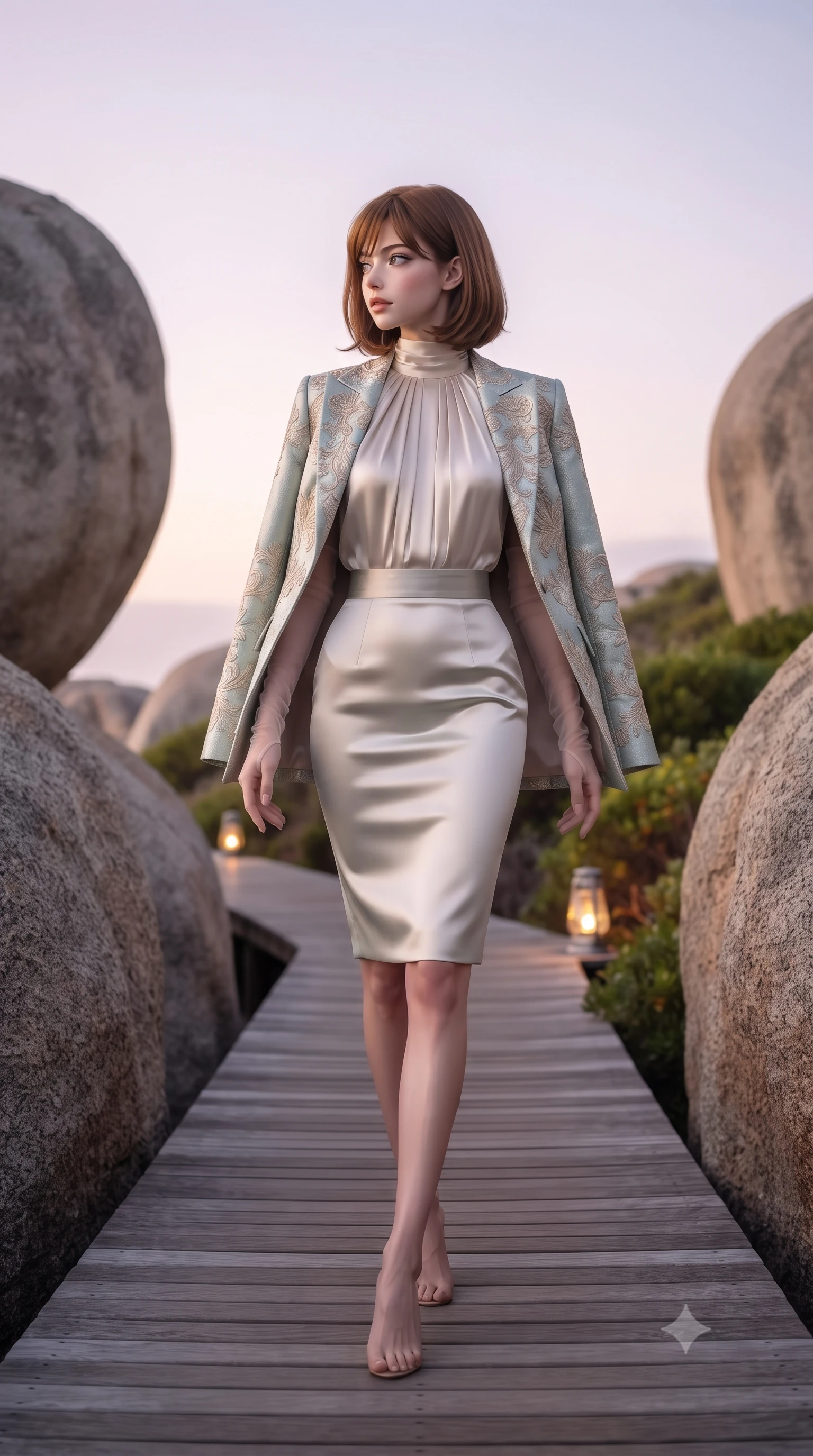 score_9, masterpiece, best quality, ultra-detailed, high-budget anime keyframe, editorial fashion photography, tasteful artistic composition, Caucasian woman. low angle full-body shot from head to toe showing her feet, filling the entire 9:16 vertical frame with her statuesque presence, stretching her vertical silhouette. walking along the terrace with poise, looking back over her bare shoulder with an irresistible smoldering bedroom-gaze while standing poised on the natural ironwood boardwalk weaving between colossal smooth granite sea boulders, arching her spine with effortless siren grace. The background shows a soft-focus indigenous coastal fynbos shrubs softened in protected marine sanctuary shallow focus. She has an exceptionally tall and slender model-like 8.5-heads proportion, an ultra-slim waist, a flat toned midriff, narrow delicate ribcage, and beautifully sculpted feminine hips creating a graceful, slim hourglass silhouette without any bulky heaviness, with impossibly long slender legs. sharp v-shaped jawline, high-bridge nose, intricate jewel-like sparkling eyes with depth, thick eyelashes, glossy parted lips with a natural peach sheen, bright cheerful beaming smile with an enchanting and coquettish sensual glint, exuding both youthful cute charm and seductive allure, flawlessly proportioned anatomical accuracy, strict slender model proportions, natural body alignment, perfectly sculpted long slender limbs, ultra-slim waistline, clean dynamic posture without body distortion. wearing a bespoke Florentine Medici-embroidered brocade cape blazer draped over a high-neck pleated silk blouse and tailored pencil skirt in iridescent seafoam pearl and champagne luster, crafted from bespoke double-faced cashmere with an exceptionally soft tactile finish, complemented by sheer opera-length evening gloves tracing her slender arms, the bespoke structured tailoring following the natural line of her 8.5-heads silhouette with refined elegance. bathed in the soft pastel 5000K twilight glow of the Indian Ocean horizon mixed with warm 2500K deck lanterns. ultra-reflective glossy finish, specular highlights, rich textural contrasts, high-contrast stereoscopic depth, volumetric dynamic lighting, 2k, ultra detail, master piece, 9:16 ratio