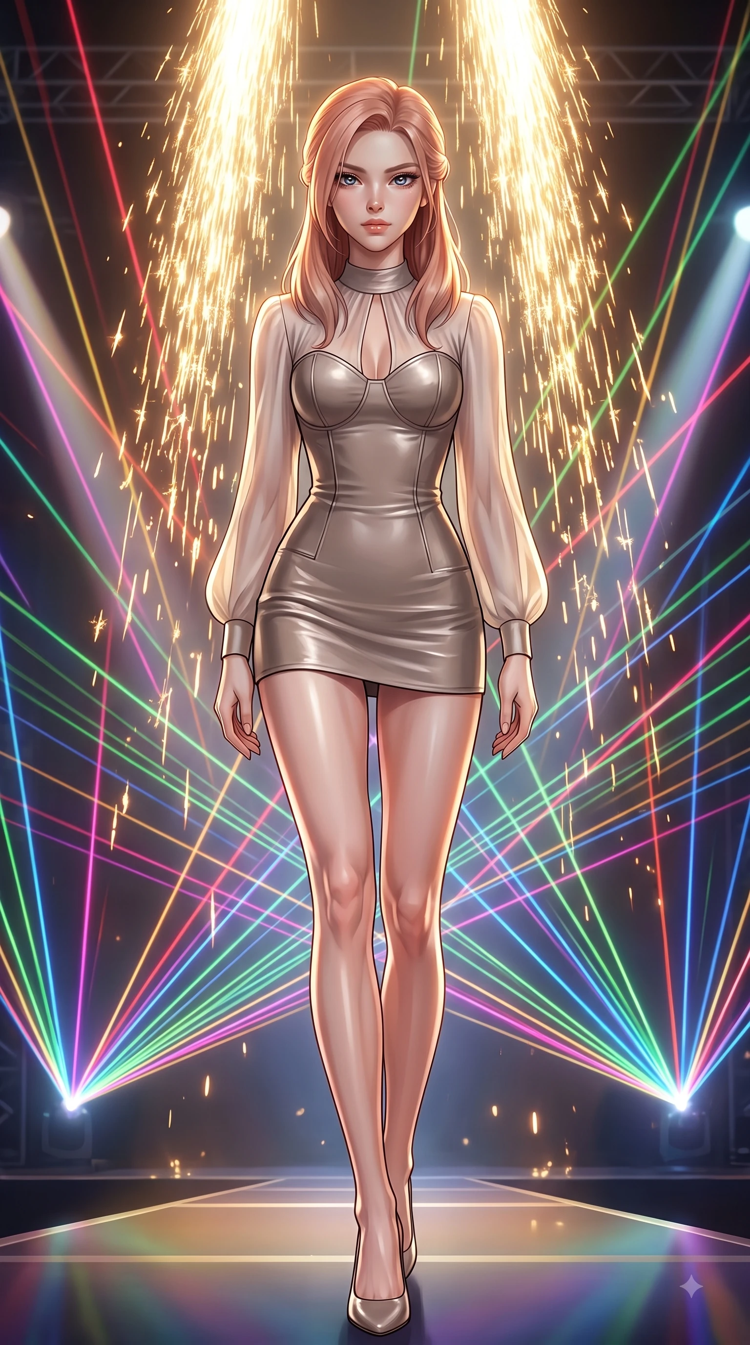 score_9, masterpiece, best quality, ultra-detailed, high-budget anime keyframe, editorial fashion photography, tasteful artistic composition, Japanese woman. low angle full-body shot from head to toe showing her feet, filling the entire 9:16 vertical frame with her statuesque presence, stretching her vertical silhouette. stepping forward in a proud dynamic stride with an alluring waist tilt, her vertical silhouette filling the frame while holding a powerful, seductive stage pose under intense laser beams on a stadium concert stage, golden pyrotechnic sparks falling like a waterfall behind her statuesque silhouette. She has an absolutely perfect, statuesque 8.5-heads proportion, an exceptionally tall and slender model-like female figure with impossibly long slender legs and an ultra-slim waist. sharp v-shaped jawline, high-bridge nose, intricate jewel-like eyes with depth, thick eyelashes, glossy lips with a natural sheen, flawlessly proportioned anatomical accuracy, natural body alignment, perfectly sculpted elegant limbs, clean dynamic posture without body distortion. wearing a tailored leather bustier over a sheer silk chiffon blouse in muted taupe and soft ivory, crafted from smooth liquid silk, accented with a Tasteful chest slit framing her clavicle gracefully, the form-contouring material highlighting her ultra-slim waist and long lines. illuminated by golden spark explosions and high-contrast concert lighting. ultra-reflective glossy finish, specular highlights, metallic sheen, high-contrast stereoscopic depth, volumetric dynamic lighting, 2k, ultra detail, master piece, 9:16 ratio