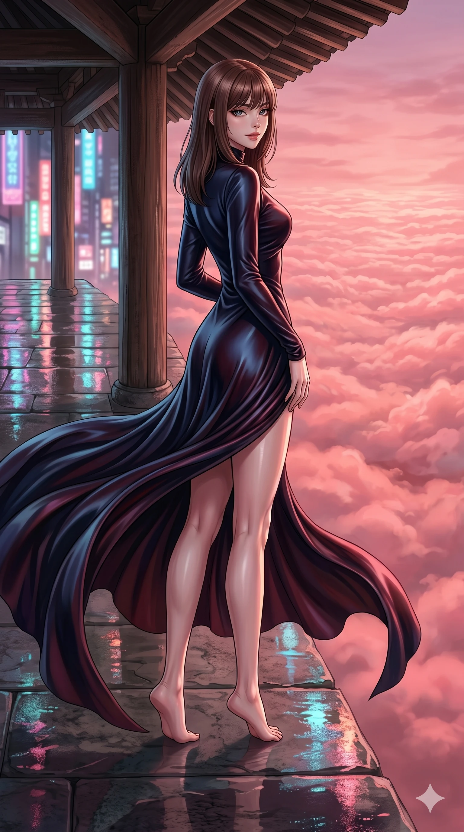 score_9, masterpiece, best quality, ultra-detailed, high-budget anime keyframe, editorial fashion photography, tasteful artistic composition, Korean woman. low angle full-body shot from head to toe showing her feet, filling the entire 9:16 vertical frame with her statuesque presence, stretching her vertical silhouette. glancing sidelong over her shoulder with a smoldering half-smile at a cliffside pavilion looking down at a vast sea of pink clouds (Code-P18-007). She has an absolutely perfect 8-heads proportion, an exceptionally tall and slender female figure with impossibly long slender legs and an ultra-slim waist. V-shaped jawline, high-bridge nose, intricate jewel-like eyes with depth, thick eyelashes, glossy lips with a natural sheen. wearing a high-neck long-sleeved silk gown with an elegant drape. drenched in wet neon reflections from the street, highlighting the glossy textures of her outfit. 2k, ultra detail, master piece, 9:16 ratio