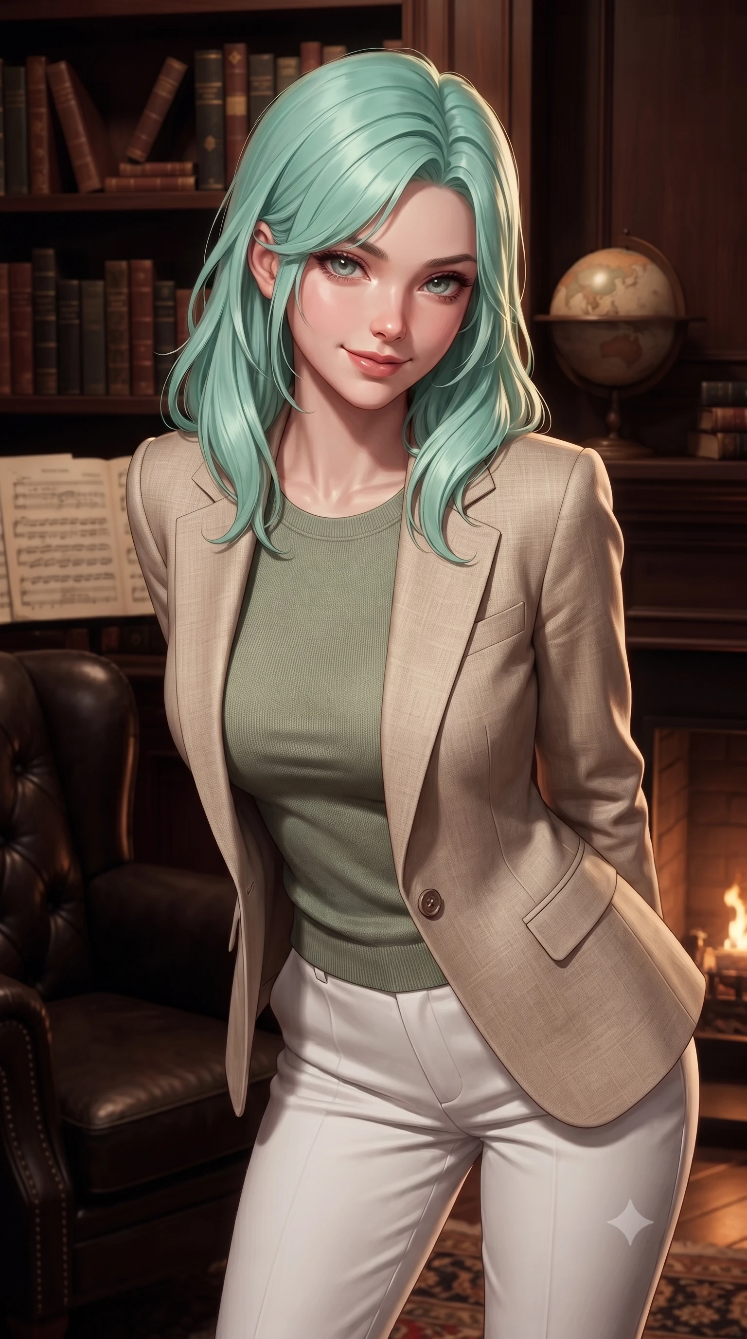 score_9, masterpiece, best quality, ultra-detailed, high-budget anime keyframe, editorial fashion photography, tasteful artistic composition, Japanese woman. close-up cowboy shot from the waist and thighs up, the character dominates the composition, filling the frame with her large presence, background elements kept in soft focus. leaning slightly forward with a playful, teasing smile, her gaze locked onto the viewer the background shows a soft-focus the private study of a theater director with leather chairs and music sheets. She has an exceptionally elegant, slender, and willowy female figure with an ultra-slim waist, a gracefully sculpted slender torso, and a refined silhouette. sharp v-shaped jawline, high-bridge nose, intricate jewel-like eyes with depth, thick eyelashes, glossy lips with a natural sheen. wearing a body-hugging tailored beige linen blazer over a sage green knit top and white trousers. warm fireplace light casting cozy, intimate shadows on the wooden shelves. ultra-reflective glossy finish, specular highlights, metallic sheen, high-contrast stereoscopic depth, volumetric dynamic lighting, 2k, ultra detail, master piece, 9:16 ratio