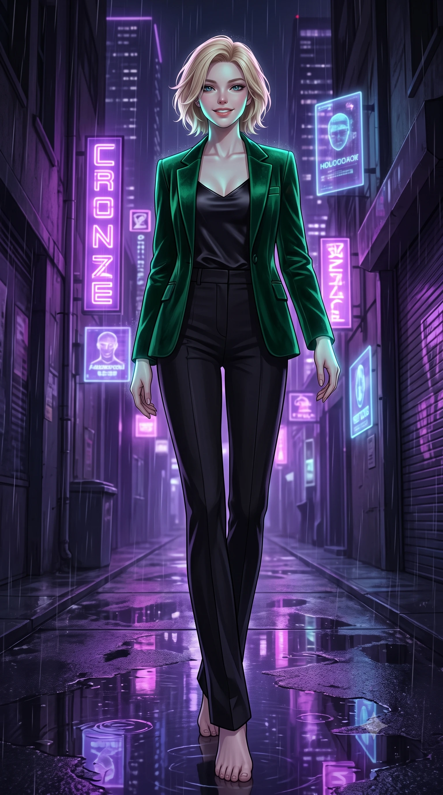 score_9, masterpiece, best quality, ultra-detailed, high-budget anime keyframe, editorial fashion photography, tasteful artistic composition, Caucasian woman, strictly human ears. low angle full-body shot from head to toe showing her feet, filling the entire 9:16 vertical frame with her statuesque presence, stretching her vertical silhouette. striking a proud, smiling pose within in a narrow alleyway at night during a rainstorm, with wet concrete reflecting the purple neon of nearby skyscrapers and floating holographic ads. She has a statuesque 8.5-heads proportion, an exceptionally tall, slender and willowy model-like build with impossibly long legs and a highly sculpted ultra-slim waist. sharp v-shaped jawline, high-bridge nose, intricate jewel-like eyes with depth, thick eyelashes, glossy lips with a natural sheen. wearing a rich emerald green velvet blazer over a black satin camisole, paired with high-waisted black trousers. soft aqua bioluminescent light making her skin luminously glow against darkness. 2k, ultra detail, master piece, 9:16 ratio