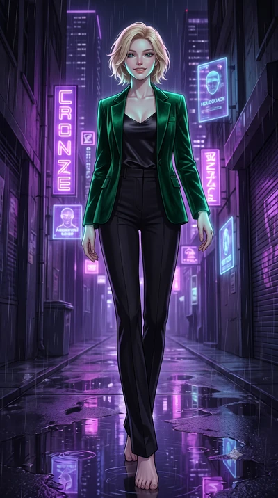 score_9, masterpiece, best quality, ultra-detailed, high-budget anime keyframe, editorial fashion photography, tasteful artistic composition, Caucasian woman, strictly human ears. low angle full-body shot from head to toe showing her feet, filling th